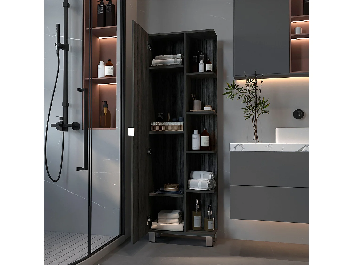 Tour de salle de bain verticale Urano en mélamine avec 9 étagères , 157.9 cm X 51.18 cm X 21.4 cm , Gris / argenté