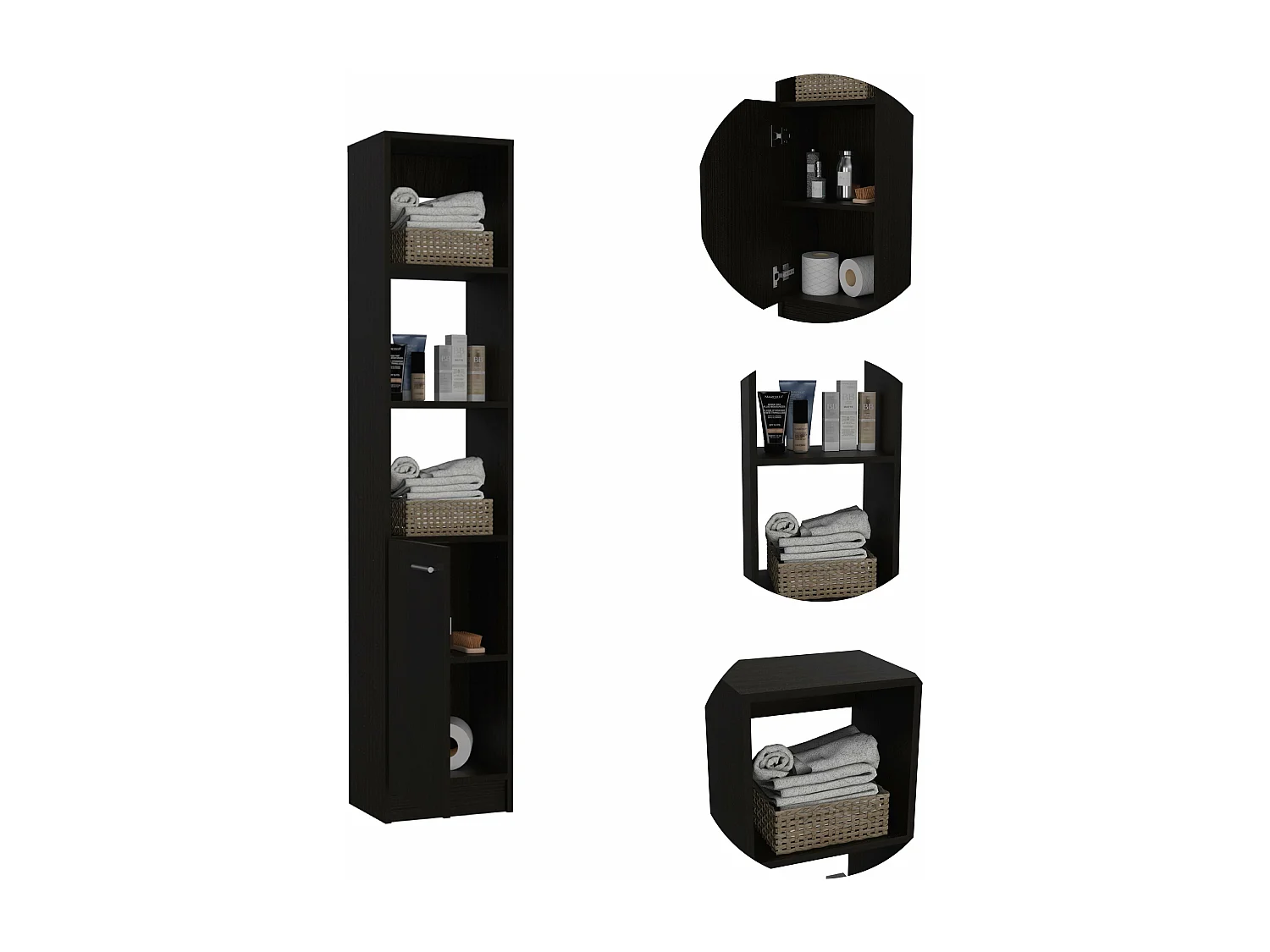 Colonne de salle de bain Malaga en mélamine avec une armoire et 3 étagères , 162 cm X 33 cm X 26.4 cm , Noir