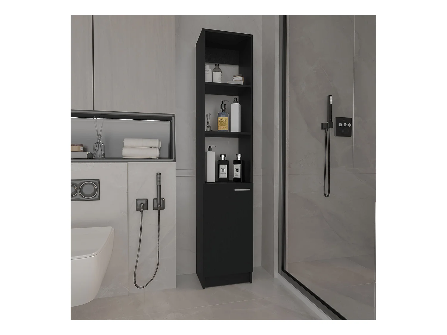 Colonna bagno Malaga in melaminico con un mobile e 3 ripiani , 162 cm X 33 cm X 26.4 cm , Nero