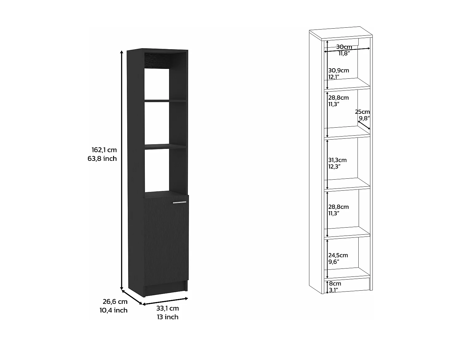 Coluna de casa de banho Málaga em melamina com um armário e 3 prateleiras , 162 cm X 33 cm X 26.4 cm , Preto