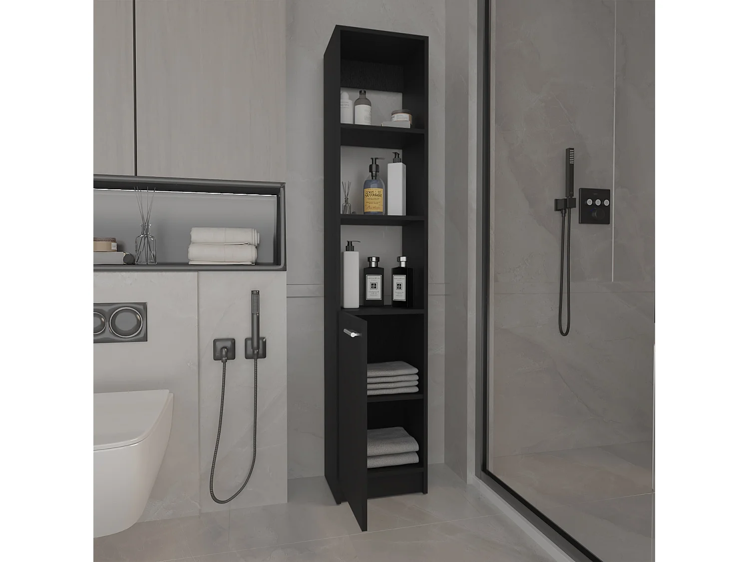 Coluna de casa de banho Málaga em melamina com um armário e 3 prateleiras , 162 cm X 33 cm X 26.4 cm , Preto