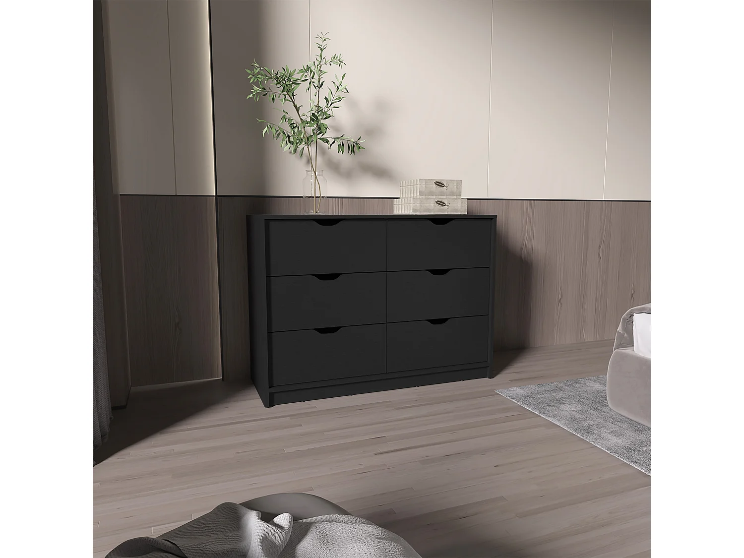 Commode Basilea en mélamine, 4 tiroirs avec rails métalliques , 77.9 cm X 107.1 cm X 41.3 cm , Noir