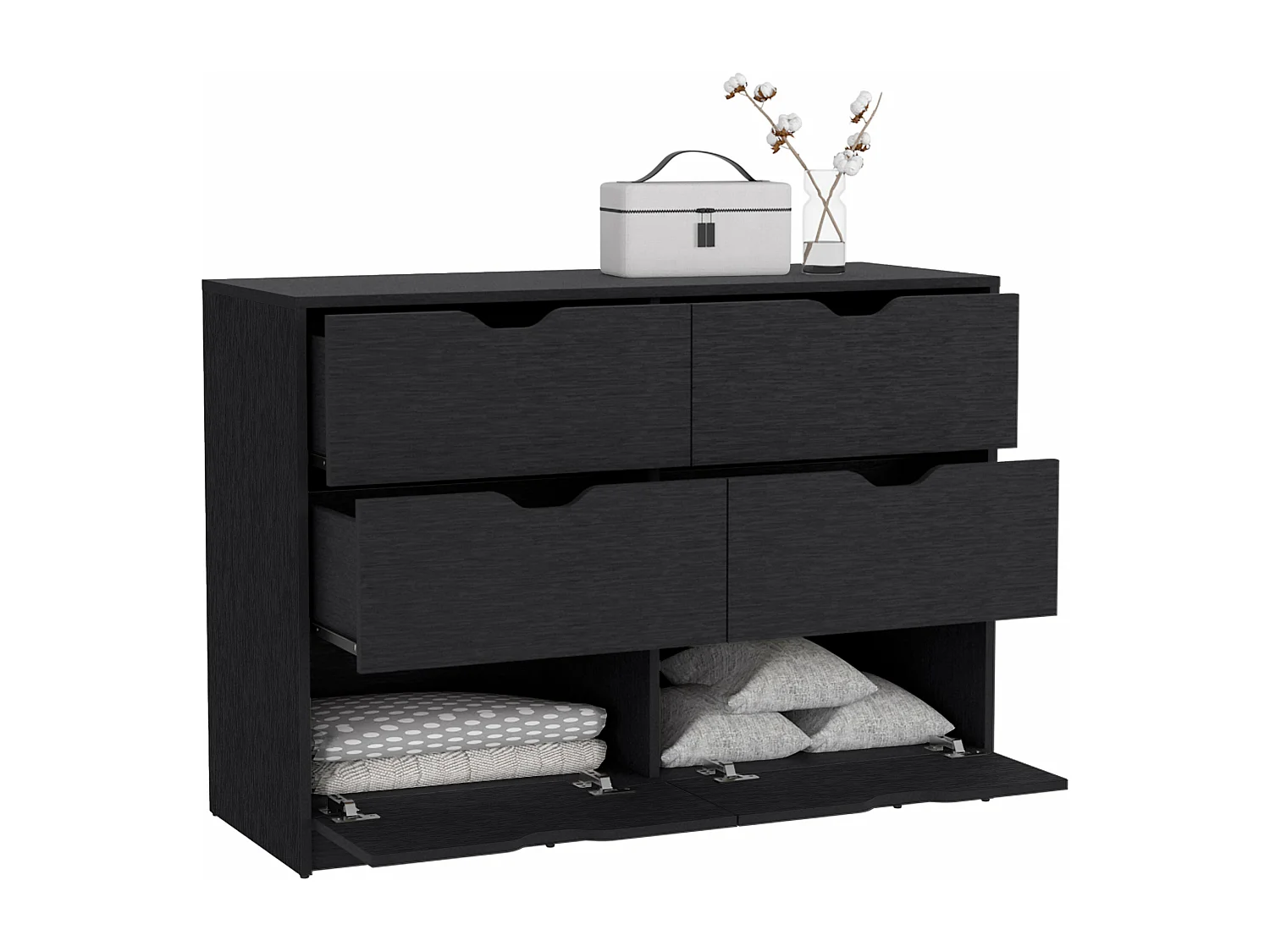 Commode Basilea en mélamine, 4 tiroirs avec rails métalliques , 77.9 cm X 107.1 cm X 41.3 cm , Noir