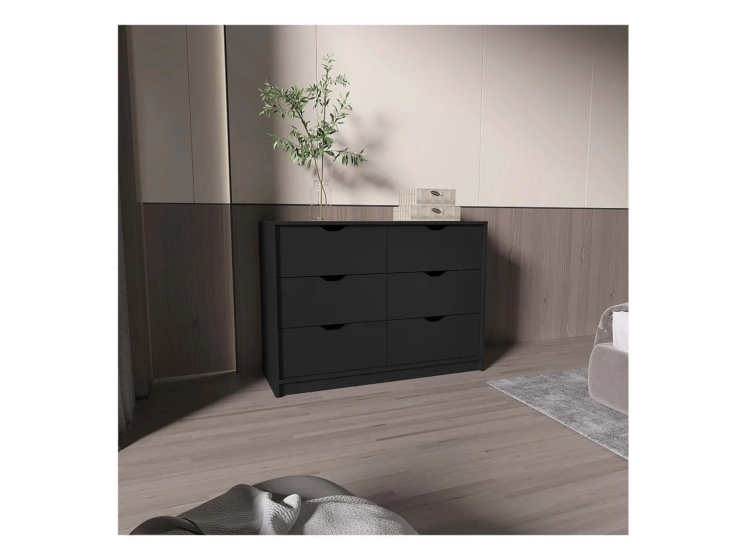 Commode Basilea en mélamine, 4 tiroirs avec rails métalliques , 77.9 cm X 107.1 cm X 41.3 cm , Noir