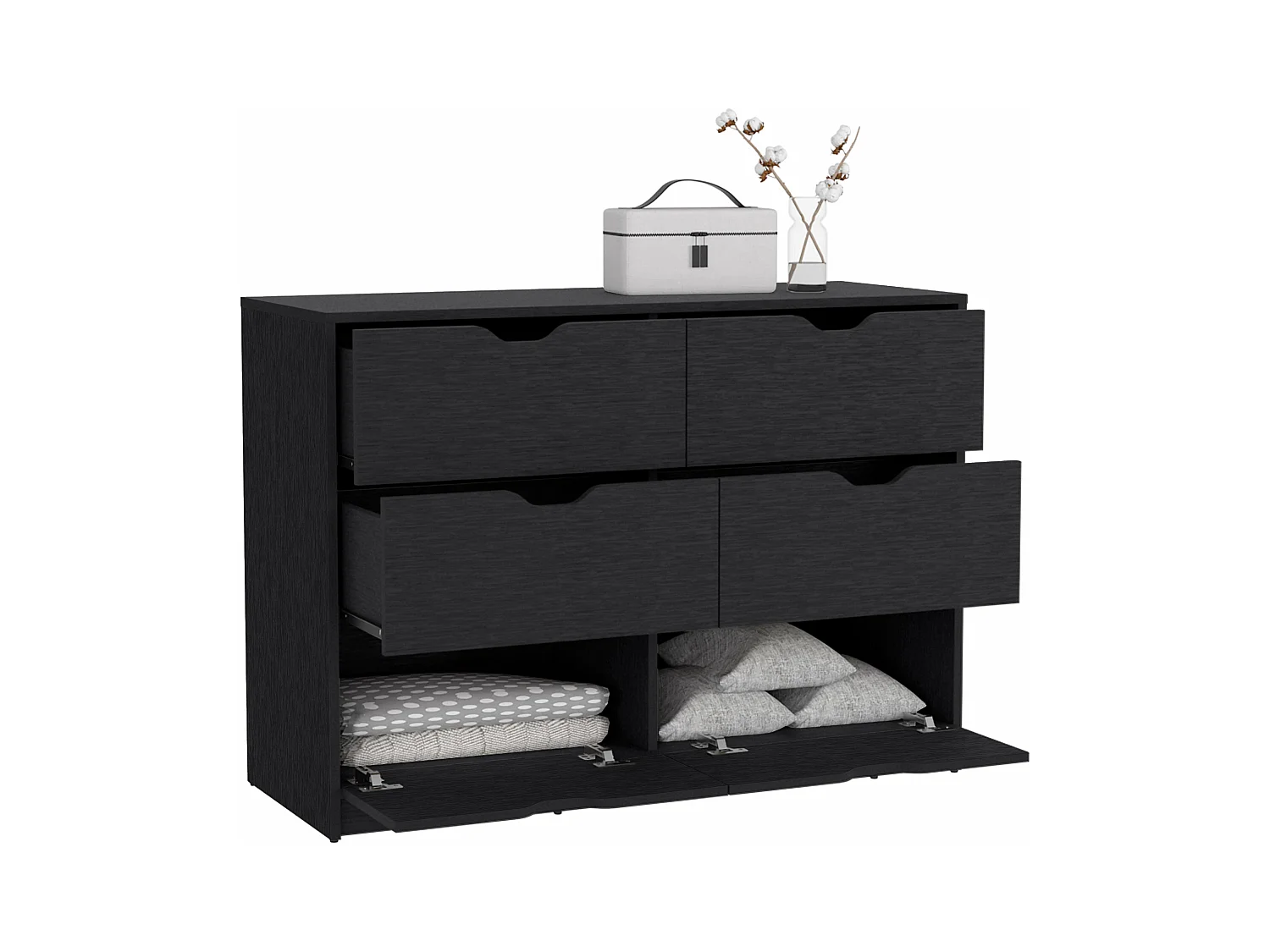 Cassettiera Basilea in melamina con 4 cassetti e guide in metallo, 77.9 cm X 107.1 cm X 41.3 cm , Nero