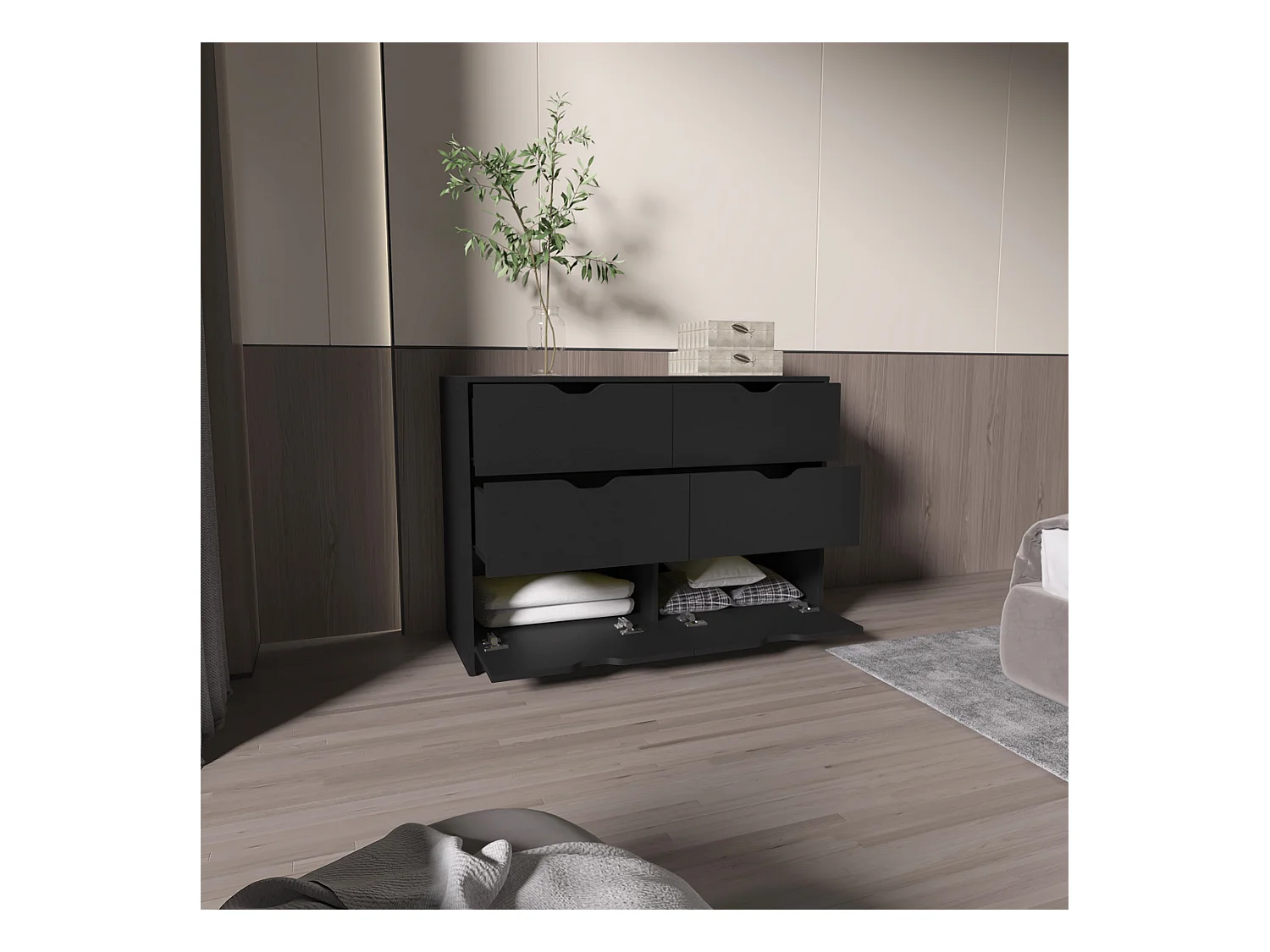 Cassettiera Basilea in melamina con 4 cassetti e guide in metallo, 77.9 cm X 107.1 cm X 41.3 cm , Nero