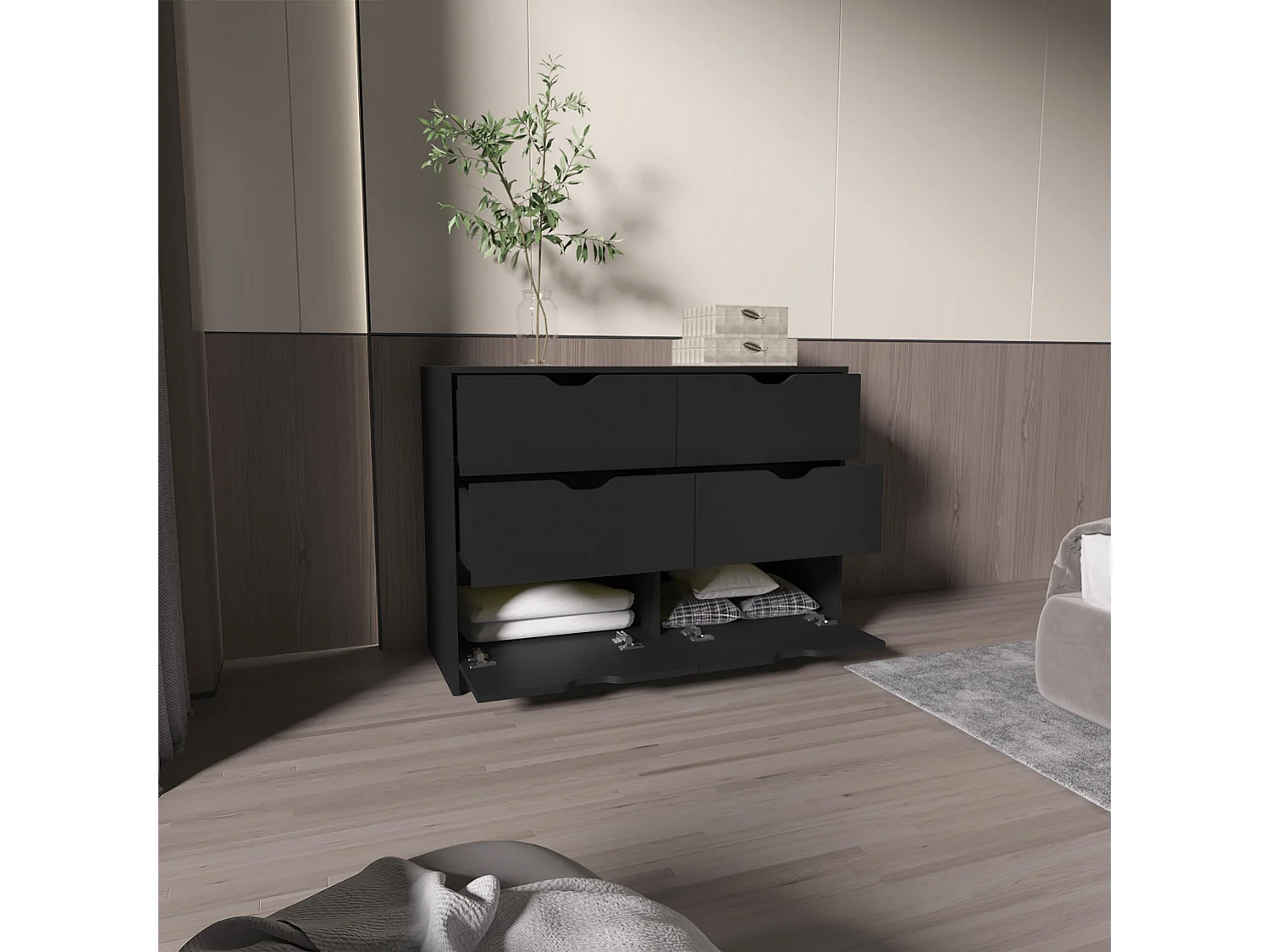 Cassettiera Basilea in melamina con 4 cassetti e guide in metallo, 77.9 cm X 107.1 cm X 41.3 cm , Nero