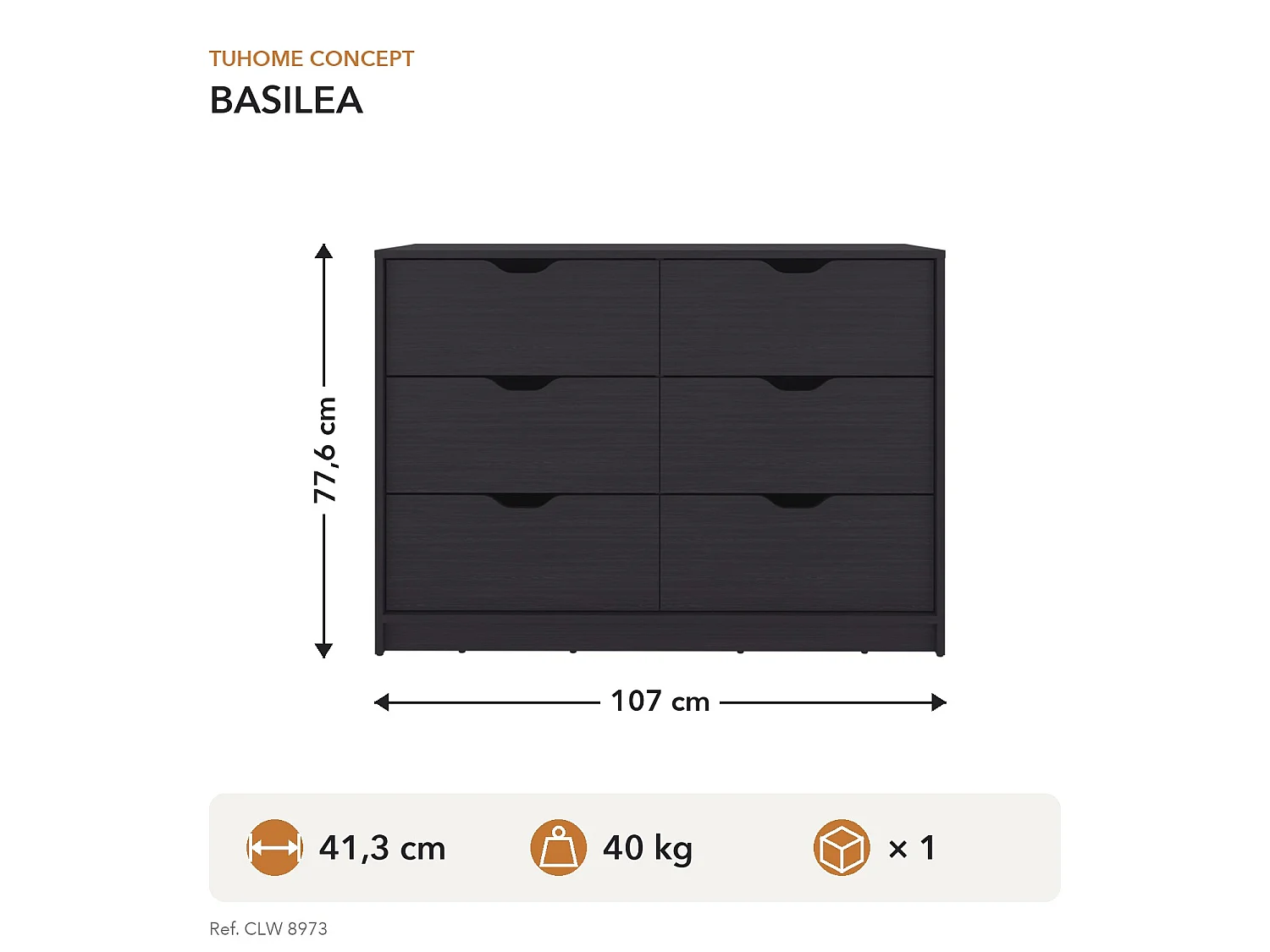 Cassettiera Basilea da 107 cm con 2 ante e 4 cassetti, wengé