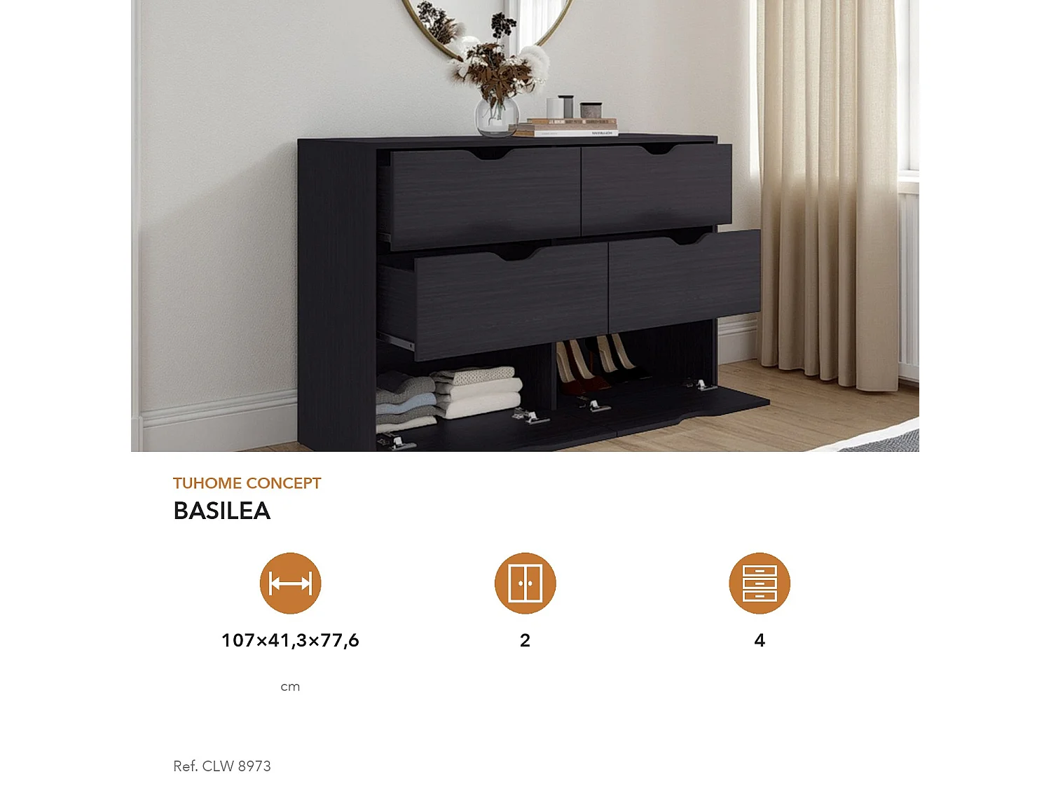 Cassettiera Basilea da 107 cm con 2 ante e 4 cassetti, wengé