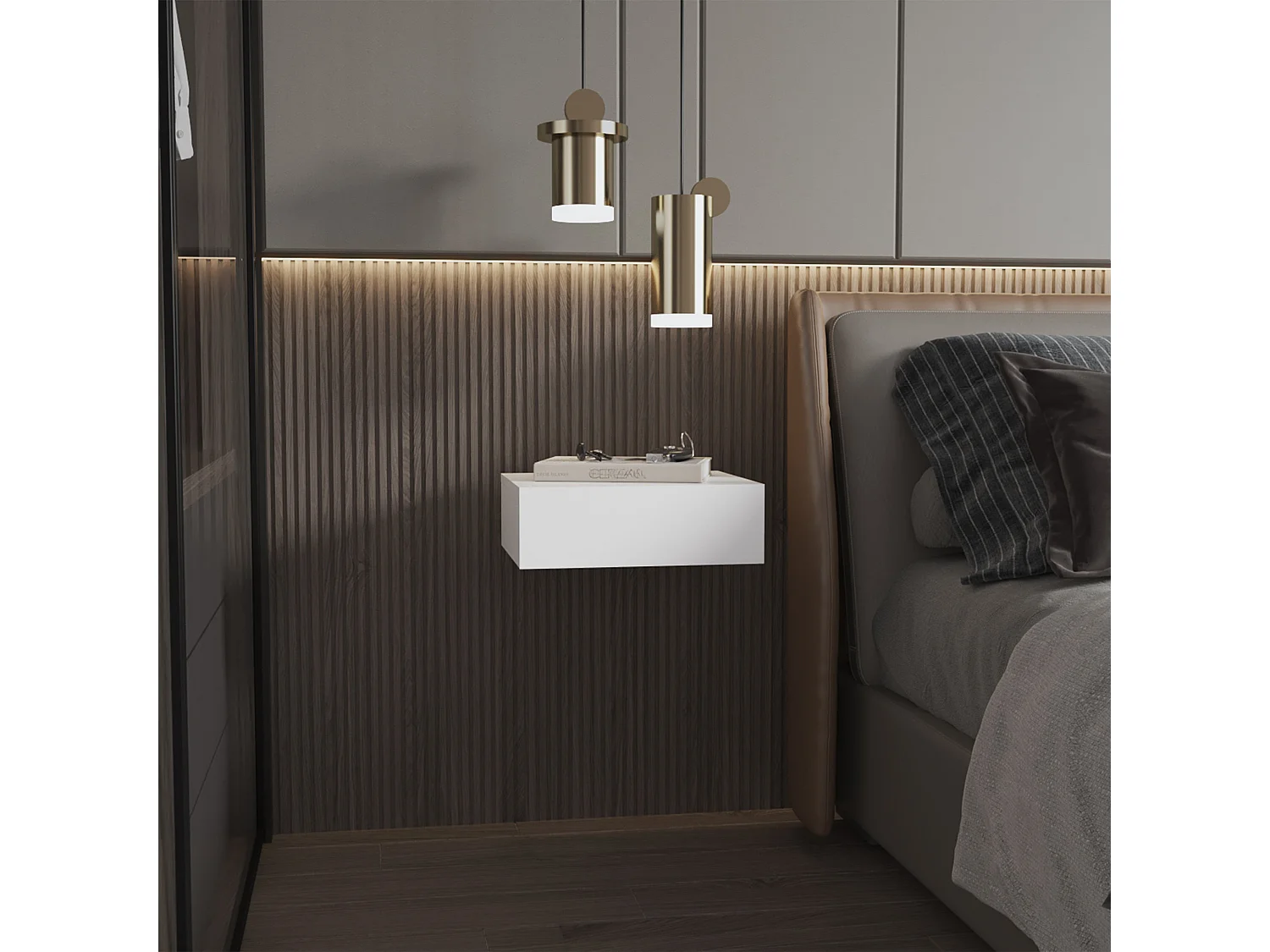 Comodino galleggiante in melamina Milano con cassetto con guida in metallo , 12.95 cm X 39.8 cm X 34 cm , Bianco