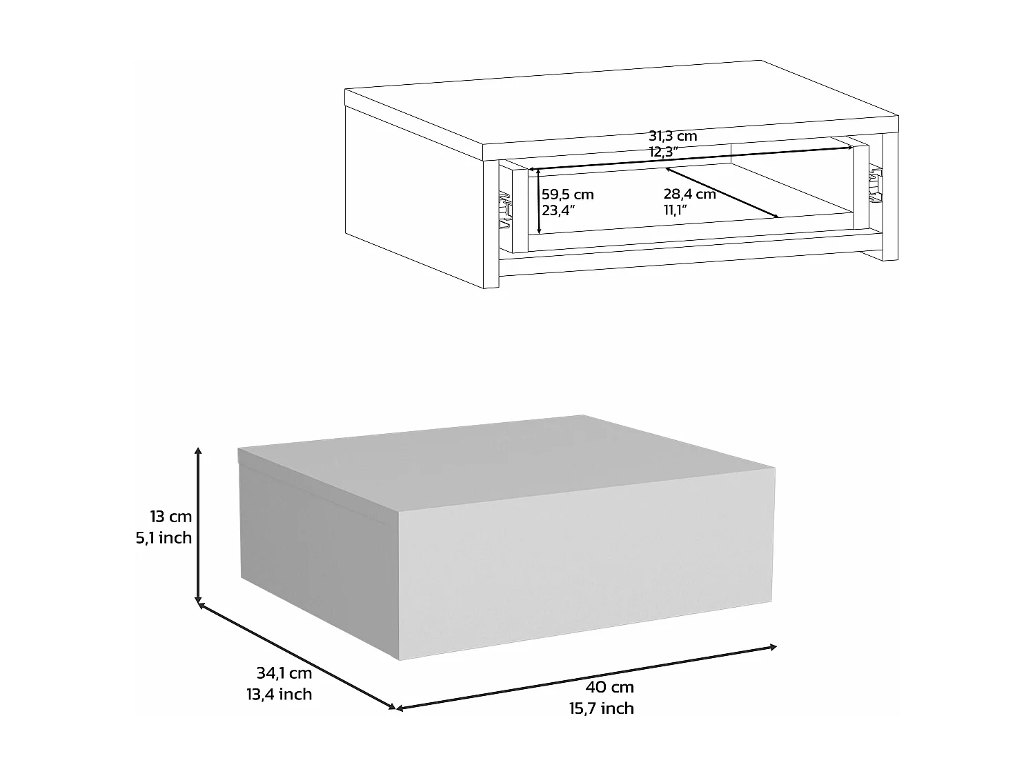 Comodino galleggiante in melamina Milano con cassetto con guida in metallo , 12.95 cm X 39.8 cm X 34 cm , Bianco
