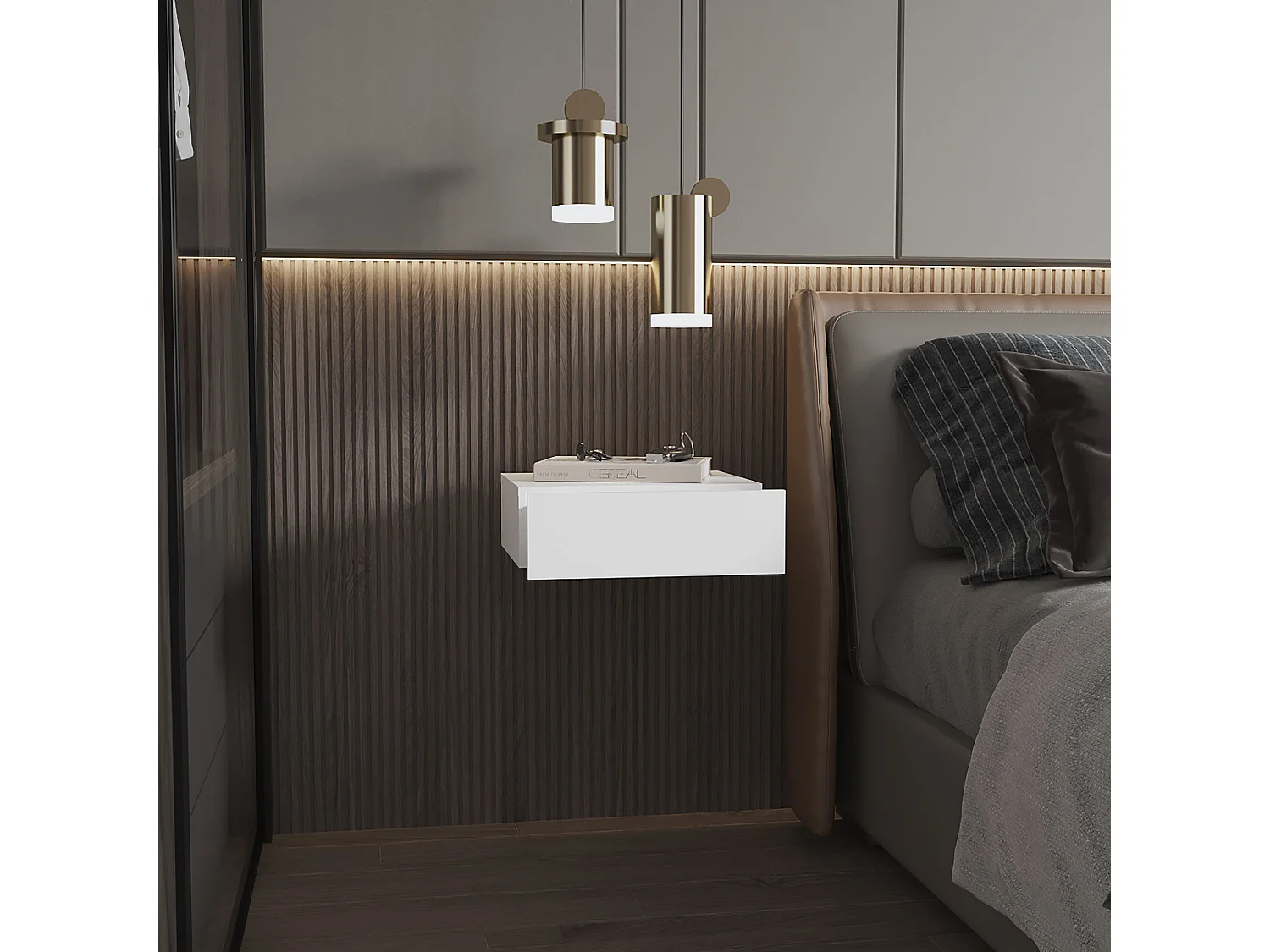 Comodino galleggiante in melamina Milano con cassetto con guida in metallo , 12.95 cm X 39.8 cm X 34 cm , Bianco