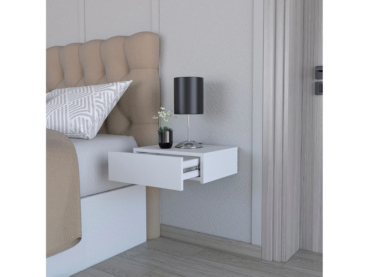 Comodino galleggiante in melamina Milano con cassetto con guida in metallo , 12.95 cm X 39.8 cm X 34 cm , Bianco