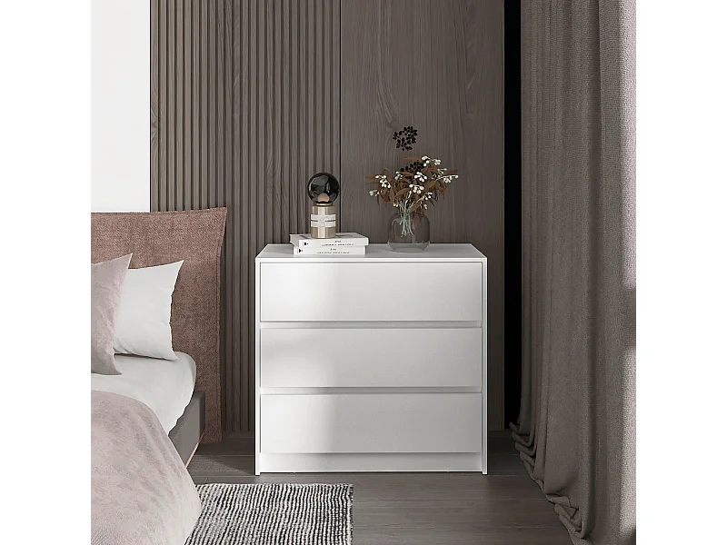 Cómoda Austin en melamina con tres cajones de riel metalico , 80 cm  X 85 cm  X 42 cm  , Blanco