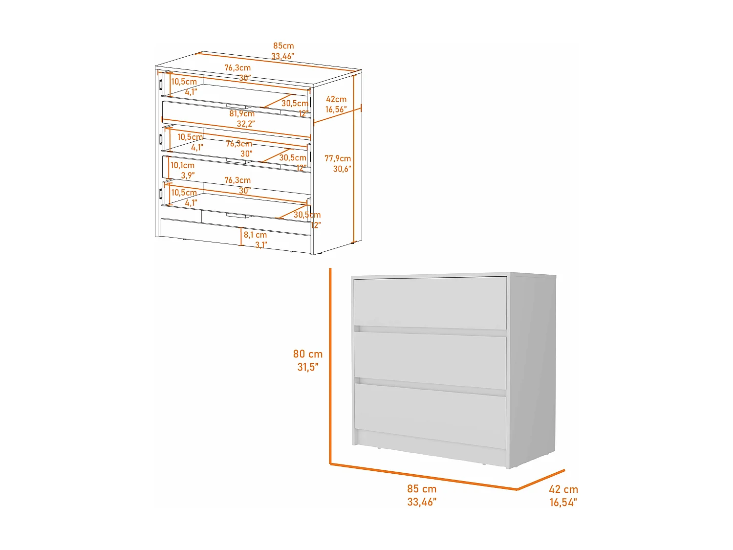Commode Austin en mélamine avec trois tiroirs sur rail métallique, 80 cm X 85 cm X 42 cm , Blanc