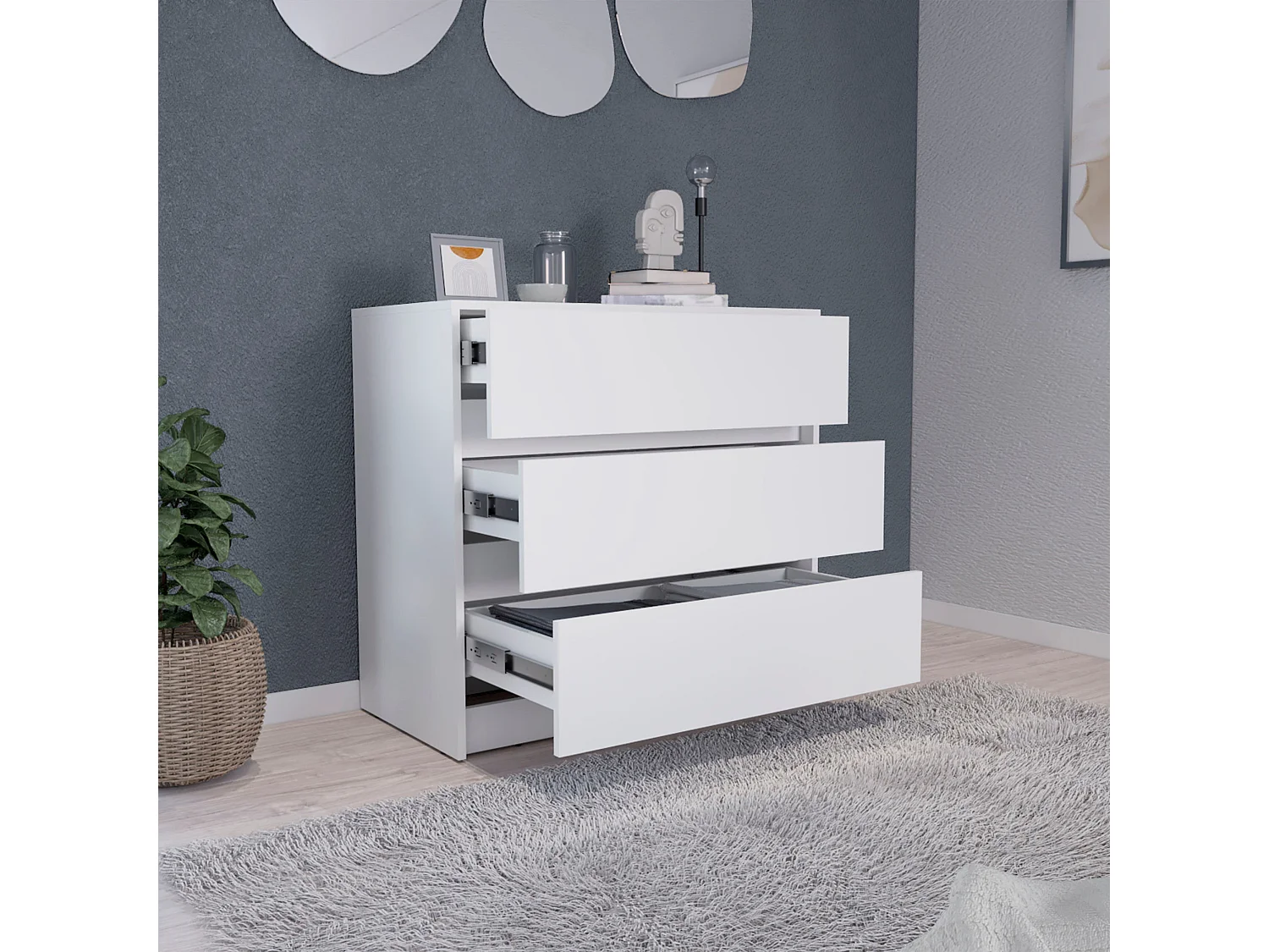 Commode Austin en mélamine avec trois tiroirs sur rail métallique, 80 cm X 85 cm X 42 cm , Blanc