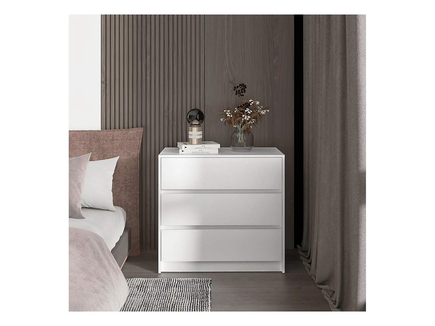Austin Cómoda em melamina com três gavetas em calha metálica, 80 cm X 85 cm X 42 cm , Branco