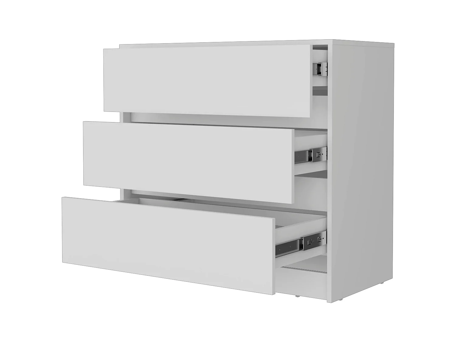 Commode Austin en mélamine avec trois tiroirs sur rail métallique, 80 cm X 85 cm X 42 cm , Blanc
