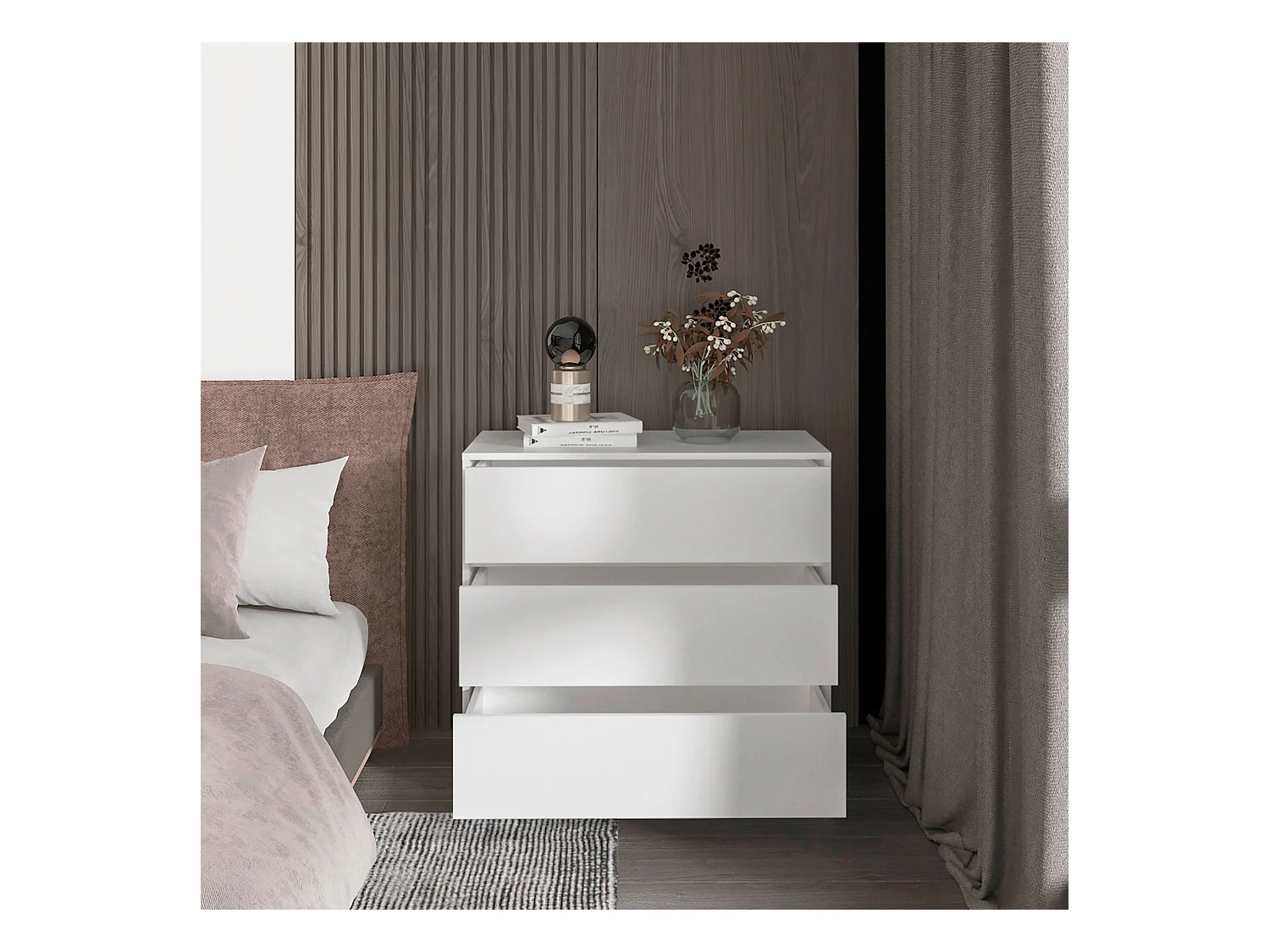 Commode Austin en mélamine avec trois tiroirs sur rail métallique, 80 cm X 85 cm X 42 cm , Blanc