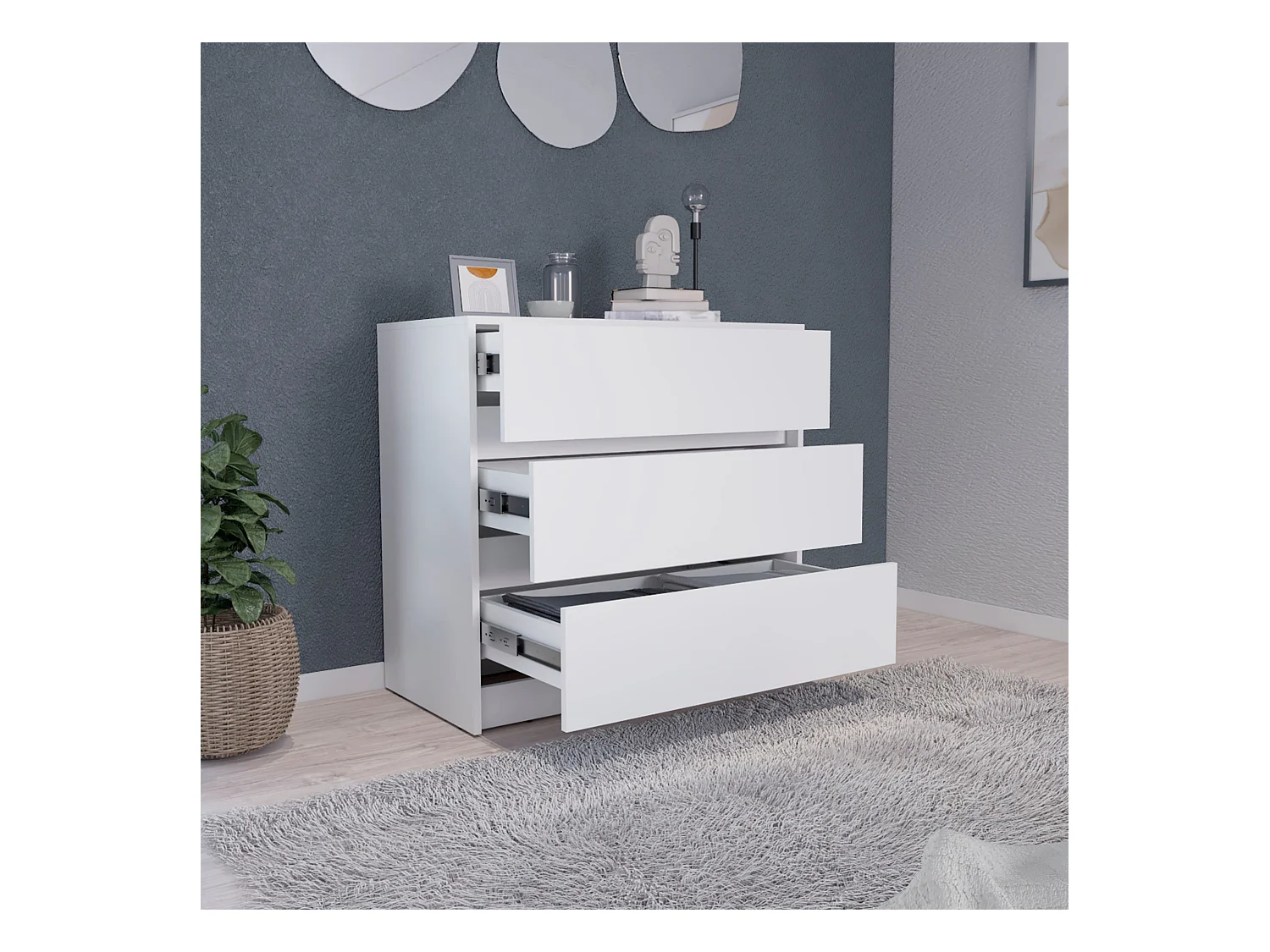 Commode Austin en mélamine avec trois tiroirs sur rail métallique, 80 cm X 85 cm X 42 cm , Blanc