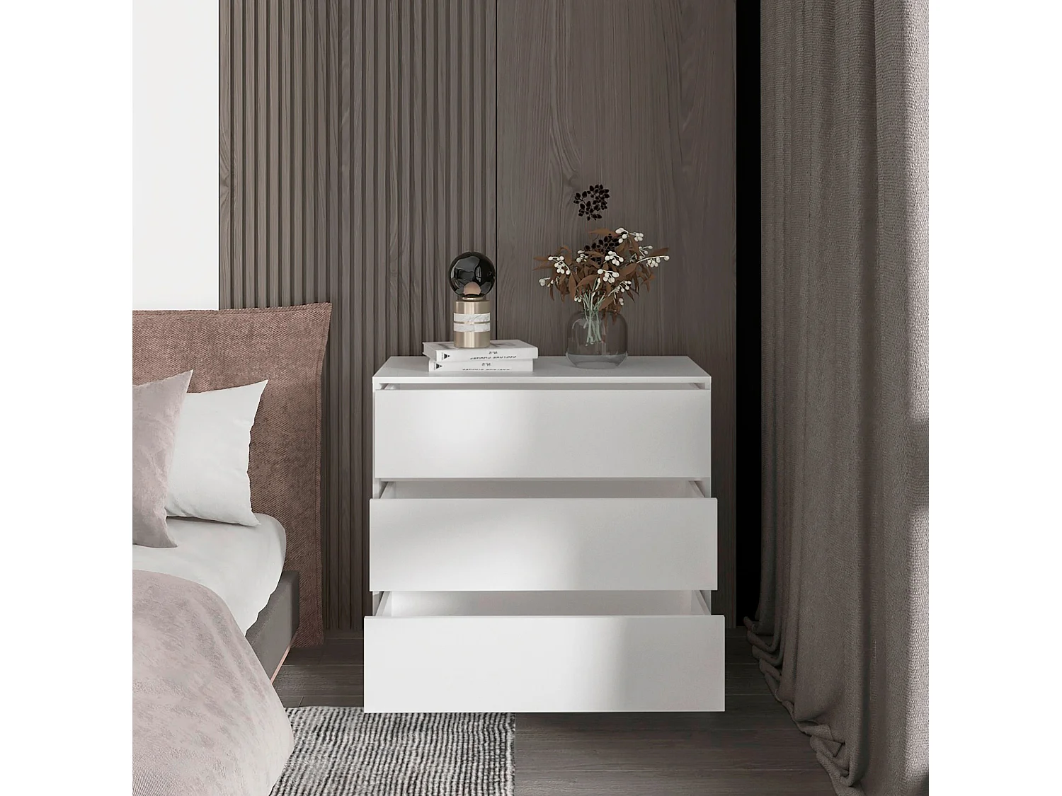 Commode Austin en mélamine avec trois tiroirs sur rail métallique, 80 cm X 85 cm X 42 cm , Blanc