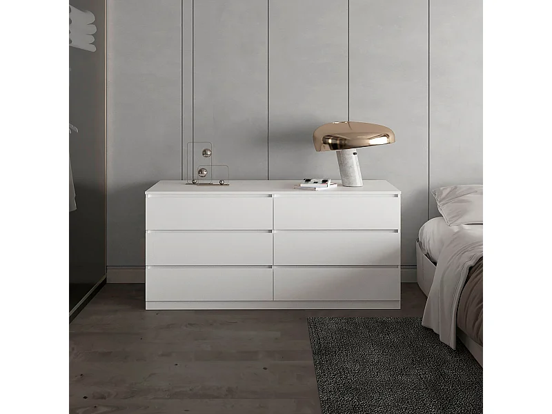 Cassettone Asteria in melamina, sei cassetti con guide in metallo, 69.97 cm X 153.5 cm X 50 cm , Bianco