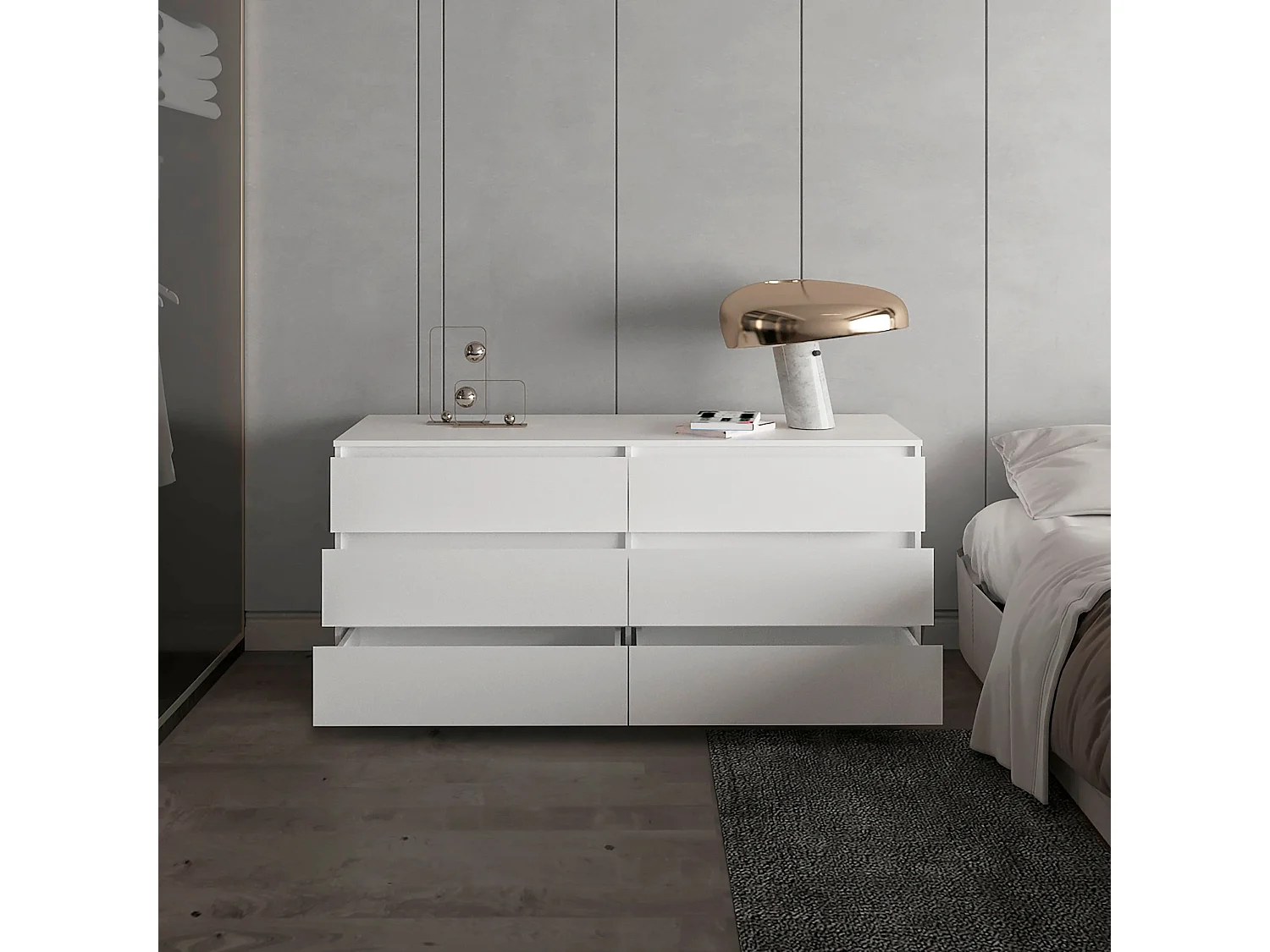 Cassettone Asteria in melamina, sei cassetti con guide in metallo, 69.97 cm X 153.5 cm X 50 cm , Bianco