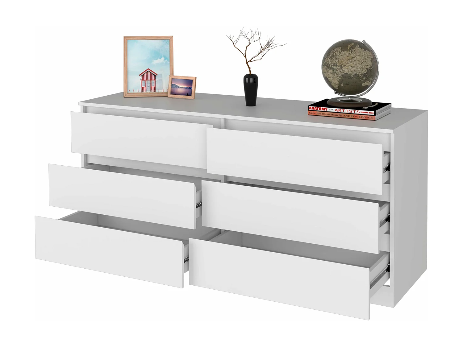 Cassettone Asteria in melamina, sei cassetti con guide in metallo, 69.97 cm X 153.5 cm X 50 cm , Bianco