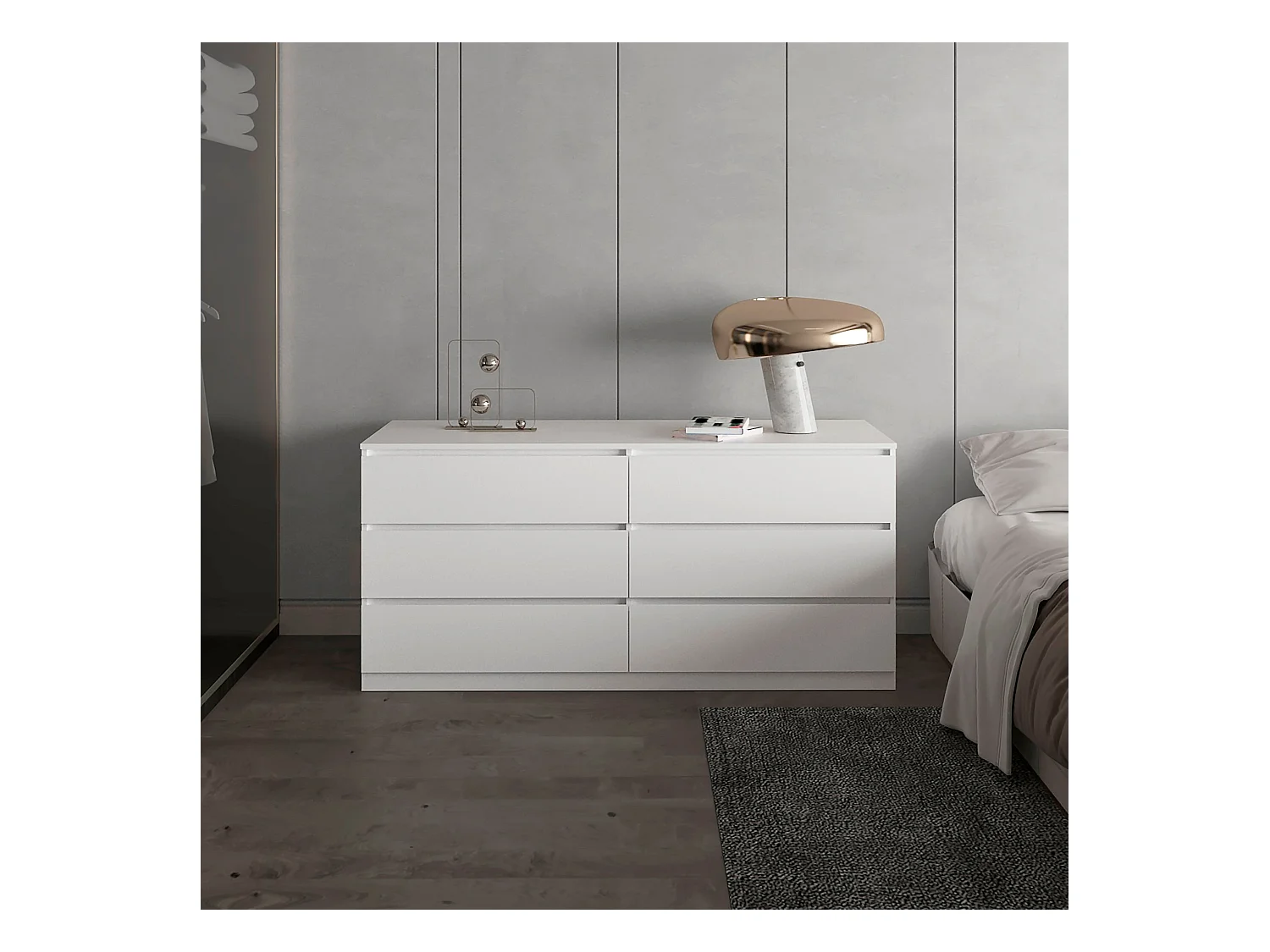 Cómoda dupla Asteria em melamina, seis gavetas com calhas metálicas, 69.97 cm X 153.5 cm X 50 cm , Branco
