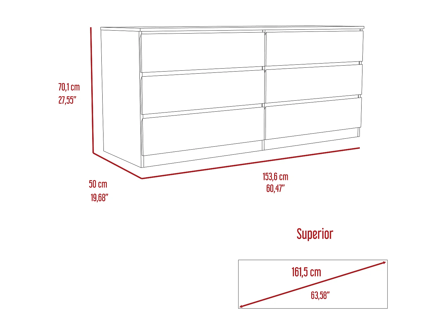 Cómoda dupla Asteria em melamina, seis gavetas com calhas metálicas, 69.97 cm X 153.5 cm X 50 cm , Branco