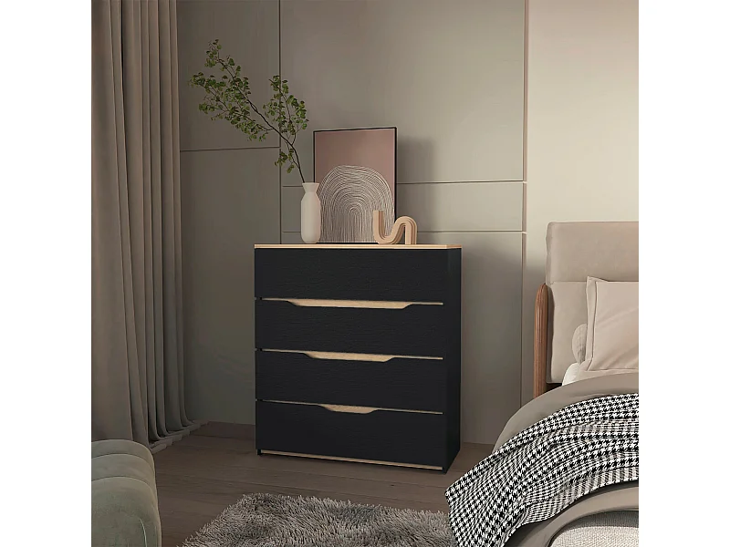 Comoda Zoe en melamina, cuatro cajones con rieles metalicos , 88.97 cm  X 80 cm  X 35 cm  , Multicolor