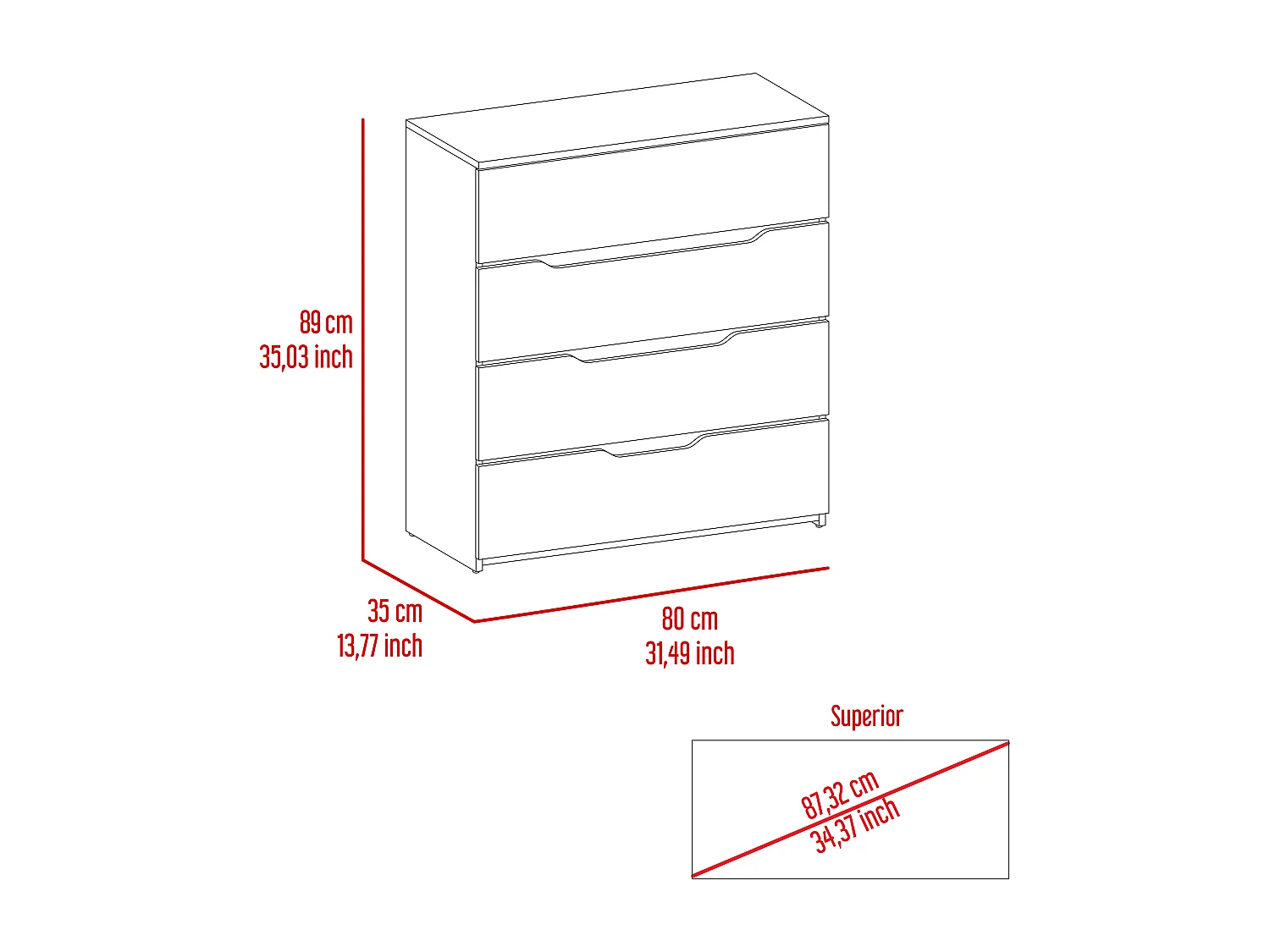 Cassettiera Zoe in melamina, quattro cassetti con guide in metallo, 88.97 cm X 80 cm X 35 cm , Multicolore