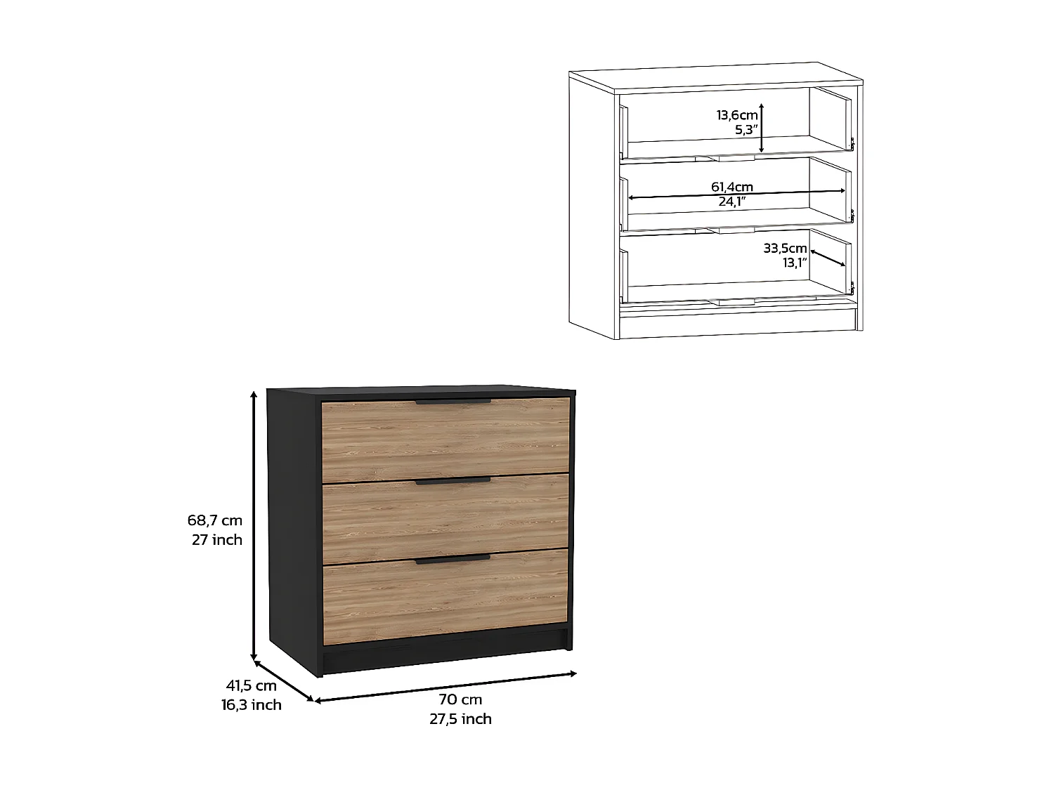 Cómoda kaia em melamina com três gavetas com calhas metálicas , 68.6 cm X 69.85 cm X 41.5 cm , Multicolor