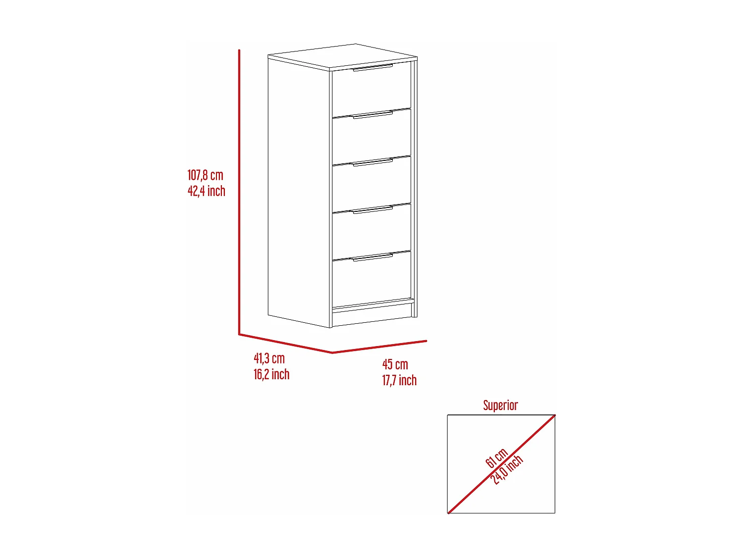 Cassettiera Kaia in melamina con 5 cassetti su guida metallica, 107.7 cm X 45 cm X 41 cm , Multicolore