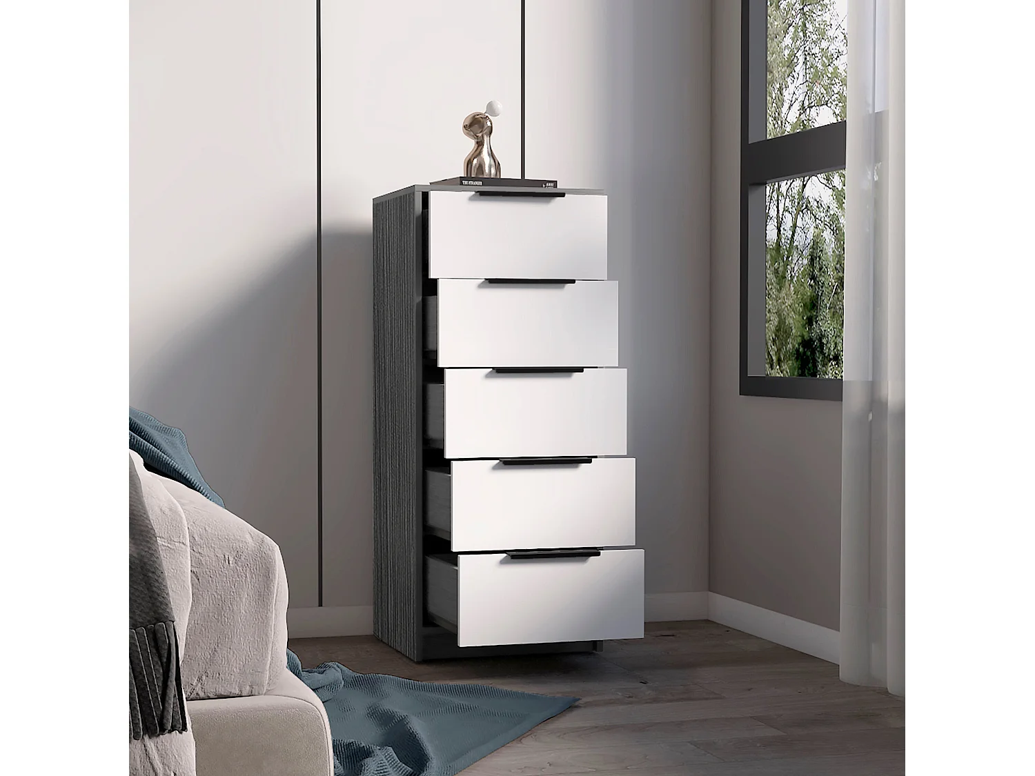 Cassettiera Kaia in melamina con 5 cassetti su guida metallica, 107.7 cm X 45 cm X 41 cm , Multicolore