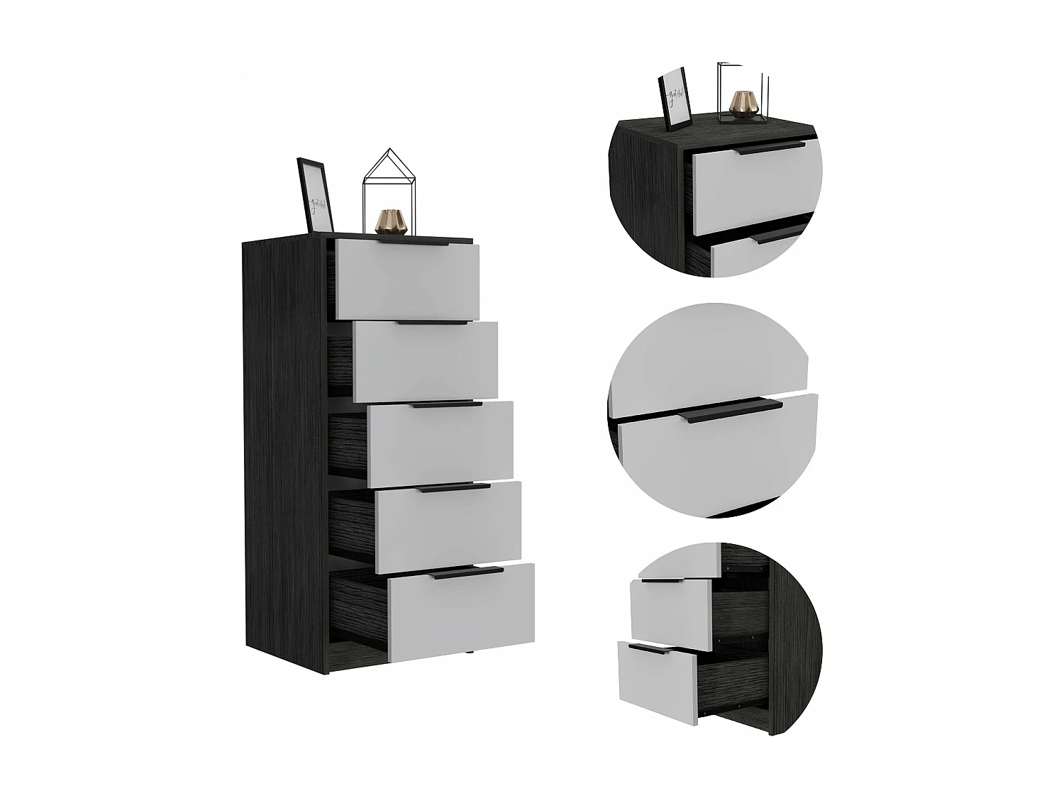 Cassettiera Kaia in melamina con 5 cassetti su guida metallica, 107.7 cm X 45 cm X 41 cm , Multicolore