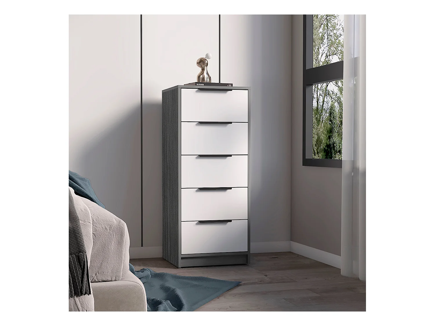 Commode Kaia en mélamine avec 5 tiroirs sur rail métallique, 107.7 cm X 45 cm X 41 cm , Multicolore