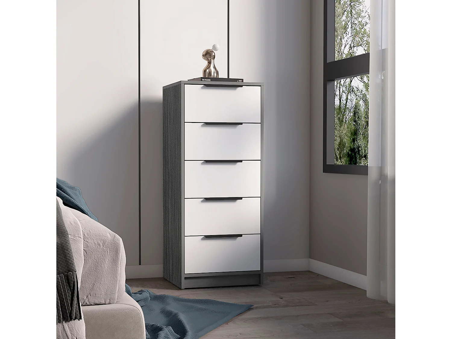 Commode Kaia en mélamine avec 5 tiroirs sur rail métallique, 107.7 cm X 45 cm X 41 cm , Multicolore