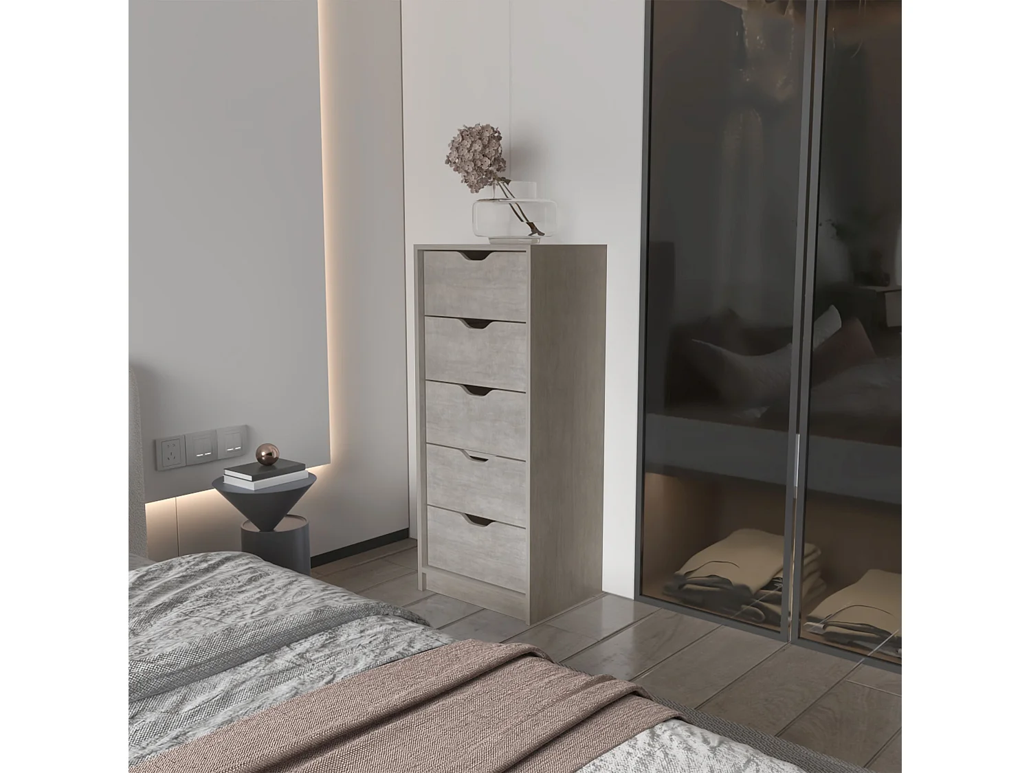 Cassettiera Basilea in melamina con 5 cassetti con binario in metallo , 107.8 cm X 45 cm X 41.6 cm , Grigio / Argento