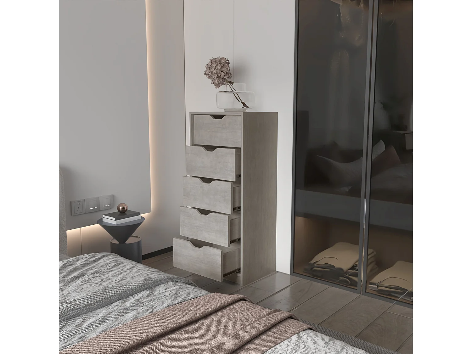 Cassettiera Basilea in melamina con 5 cassetti con binario in metallo , 107.8 cm X 45 cm X 41.6 cm , Grigio / Argento