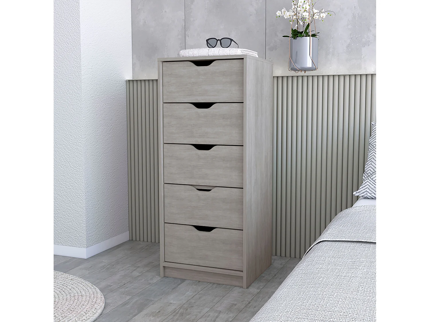 Cassettiera Basilea in melamina con 5 cassetti con binario in metallo , 107.8 cm X 45 cm X 41.6 cm , Grigio / Argento