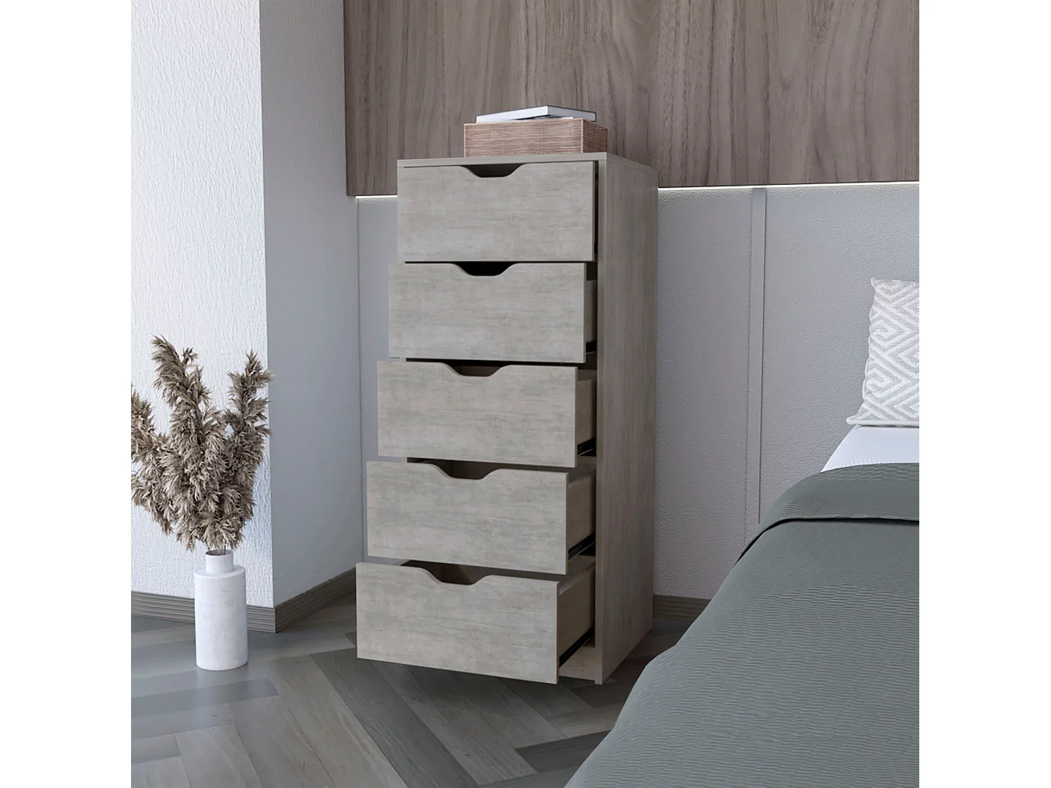 Cassettiera Basilea in melamina con 5 cassetti con binario in metallo , 107.8 cm X 45 cm X 41.6 cm , Grigio / Argento