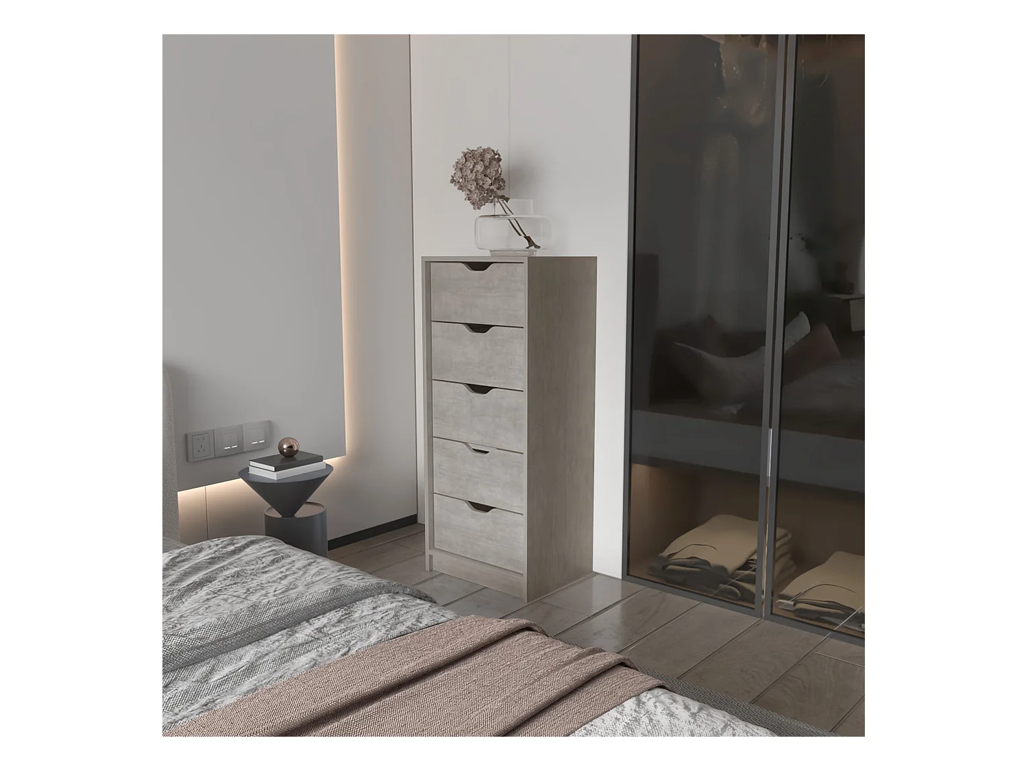 Cómoda Basilea em melamina com 5 gavetas com calha metálica , 107.8 cm X 45 cm X 41.6 cm , Cinzento / Prateado