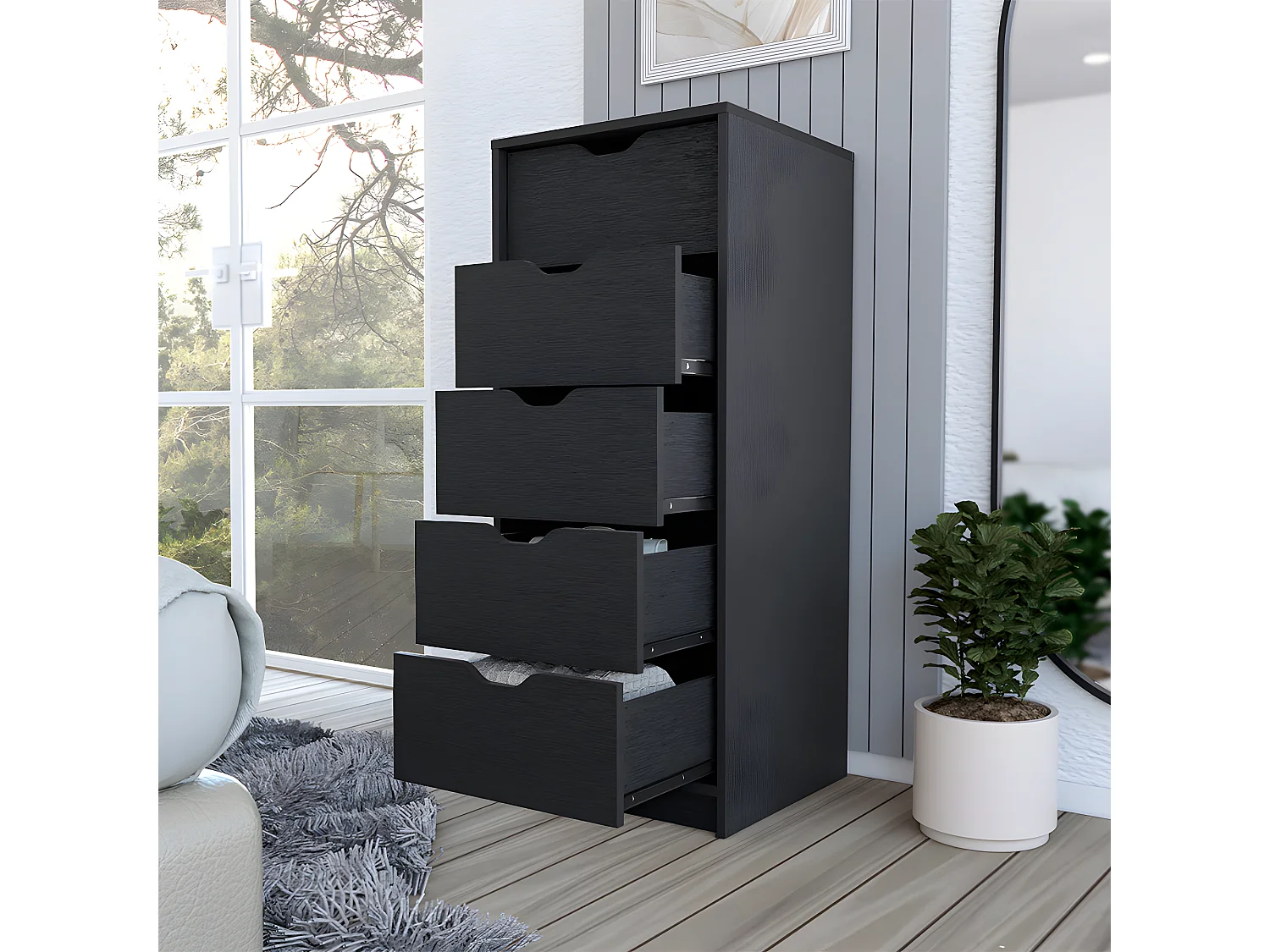 Cómoda Basilea en melamina con 5 cajones de riel metalico , 107.8 cm  X 45 cm  X 41.3 cm  , Negro