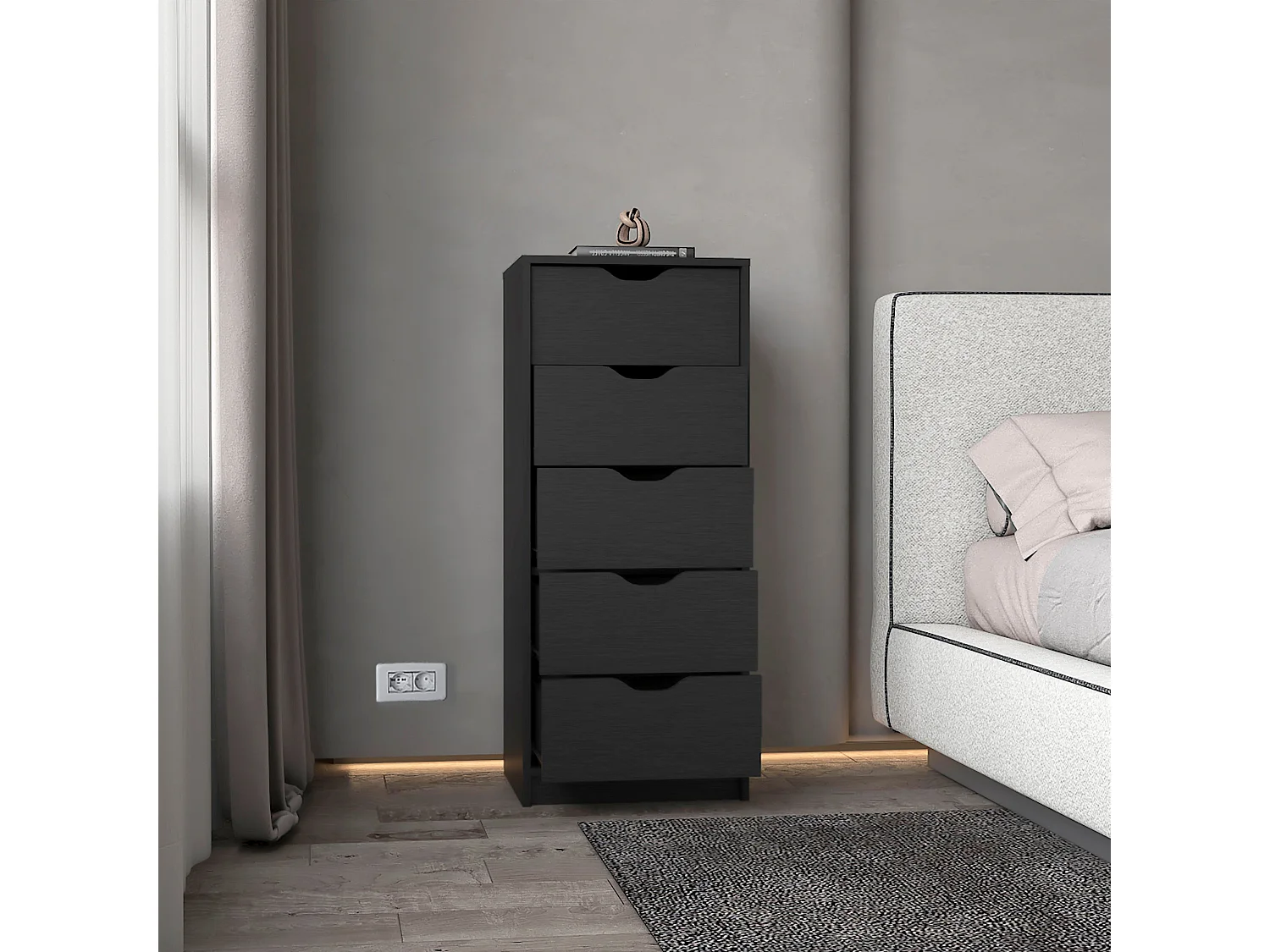 Commode Basilea en mélamine avec 5 tiroirs avec rail en métal, 107.8 cm X 45 cm X 41.3 cm , Noir