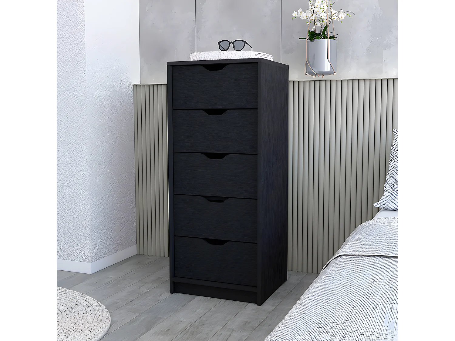 Commode Basilea en mélamine avec 5 tiroirs avec rail en métal, 107.8 cm X 45 cm X 41.3 cm , Noir