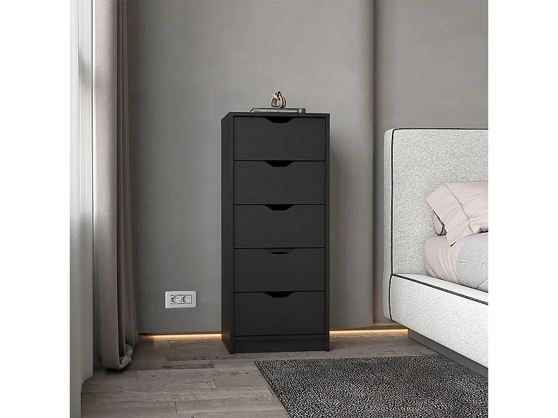 Commode Basilea en mélamine avec 5 tiroirs avec rail en métal, 107.8 cm X 45 cm X 41.3 cm , Noir