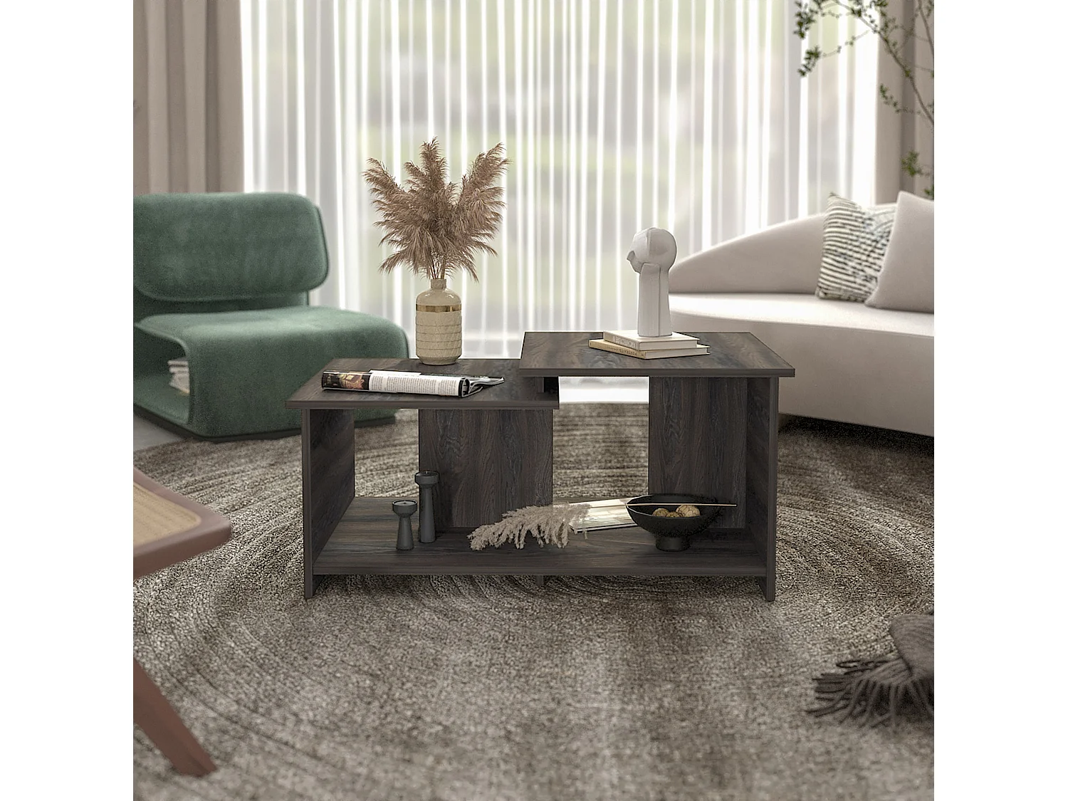 Mesa de centro Wema em melamina, com arrumação aberta, 41.91 cm X 89 cm X 53 cm , Cinzento / Prata