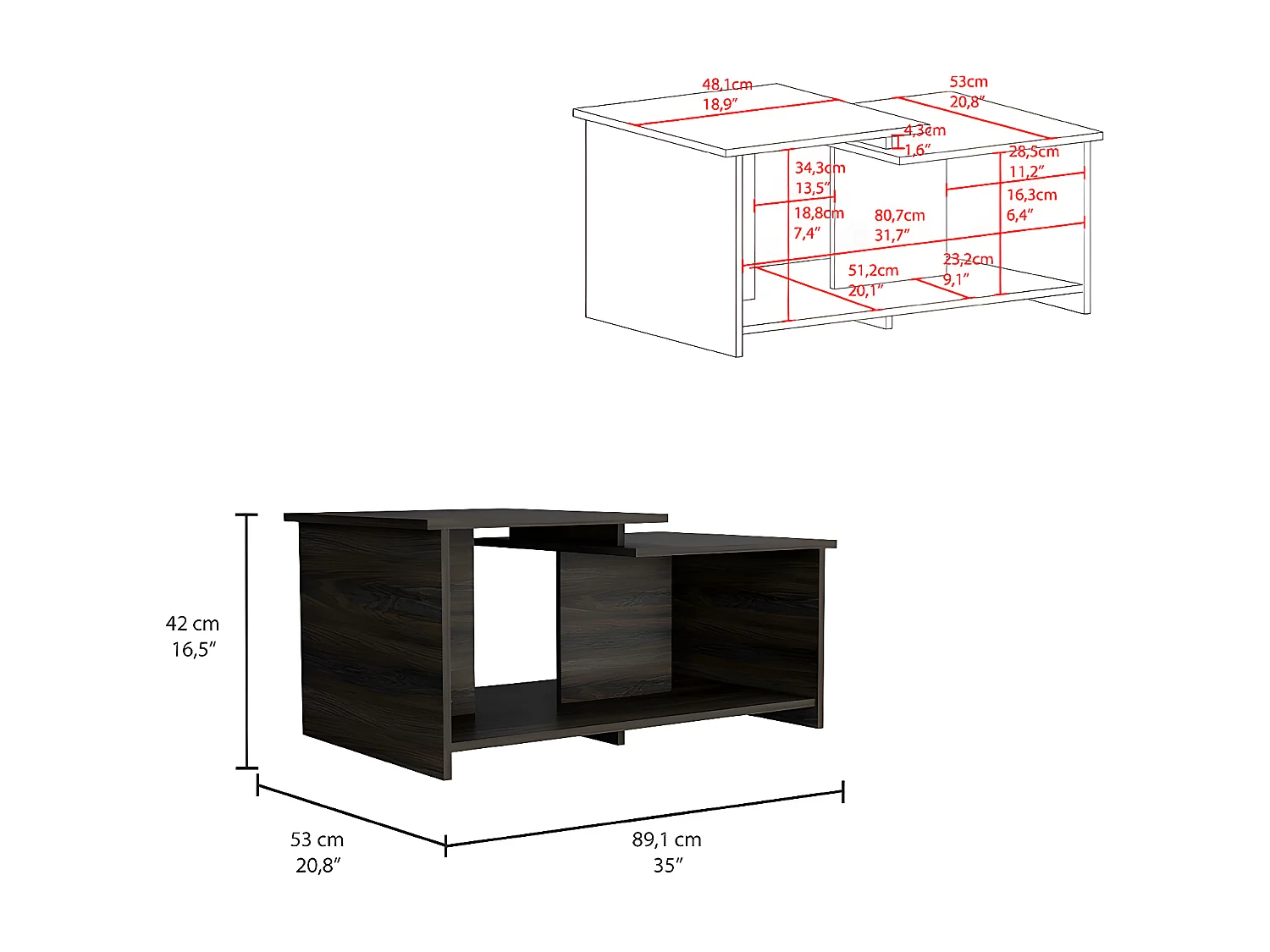 Mesa de centro Wema em melamina, com arrumação aberta, 41.91 cm X 89 cm X 53 cm , Cinzento / Prata