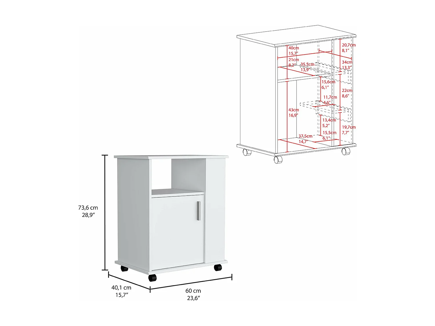 Mobile inferiore per microonde in melamina con mobile e 4 ripiani , 73.4 cm X 60 cm X 39.8 cm , Bianco